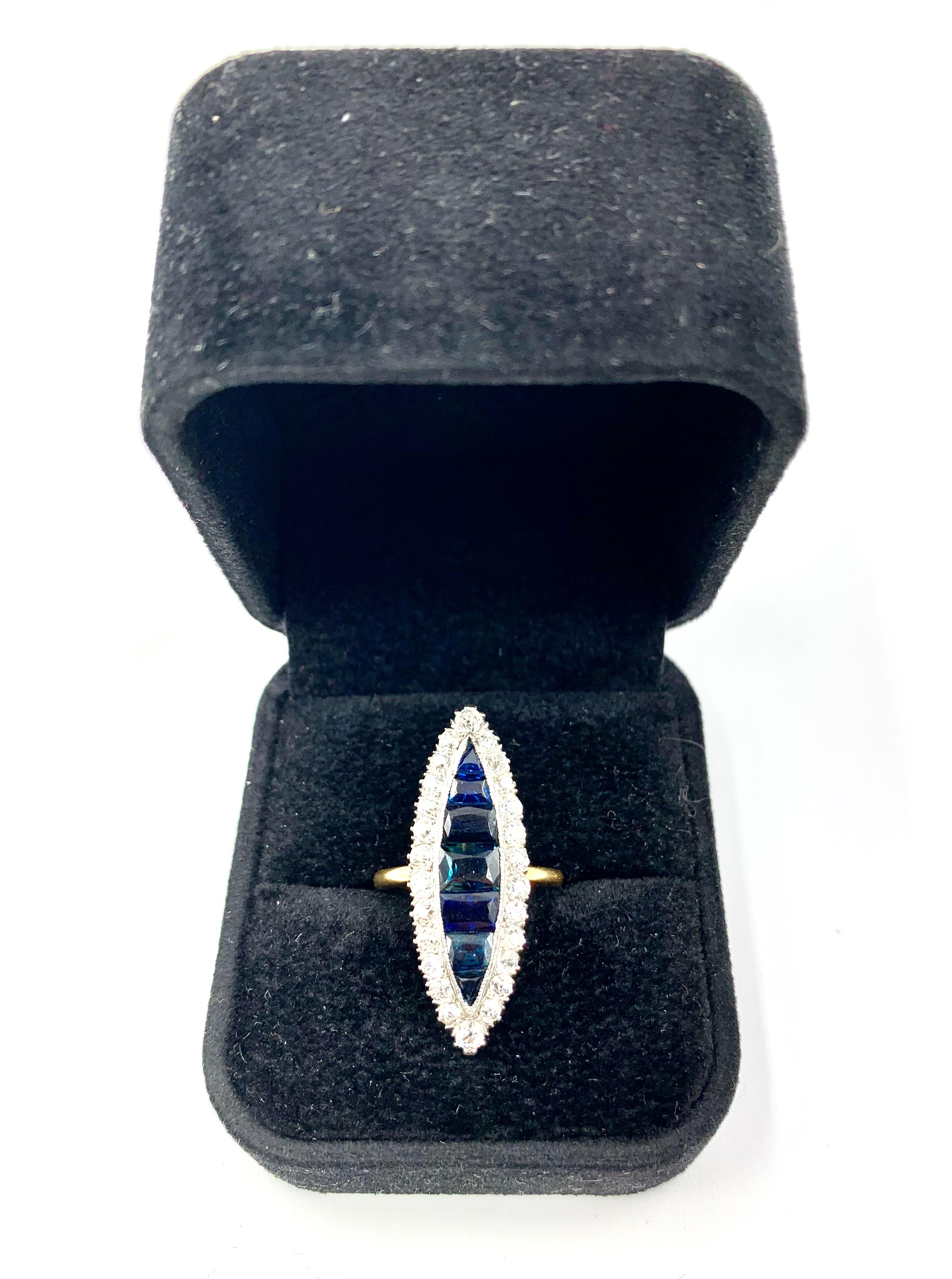 Large Antique Edwardian Diamond, Invisibly Set Sapphire 18k Gold Navette Ring For Sale 5