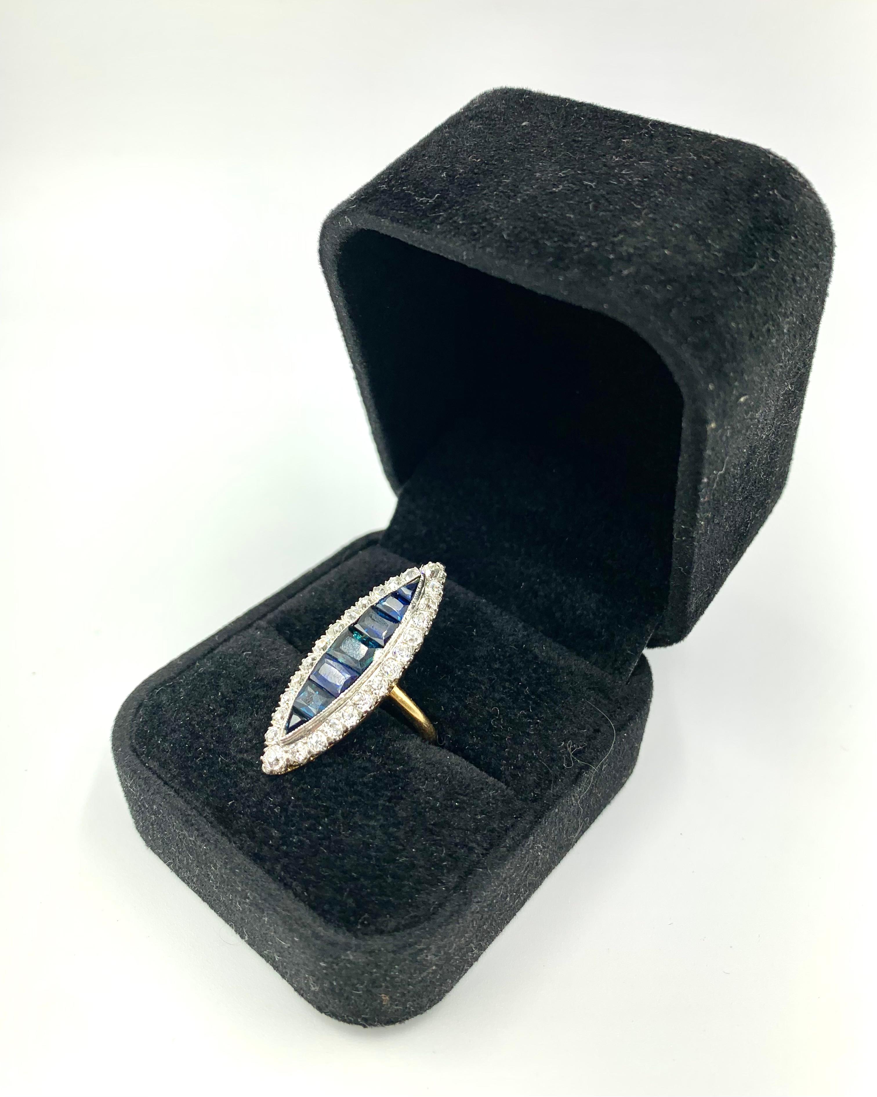 Large Antique Edwardian Diamond, Invisibly Set Sapphire 18k Gold Navette Ring For Sale 6