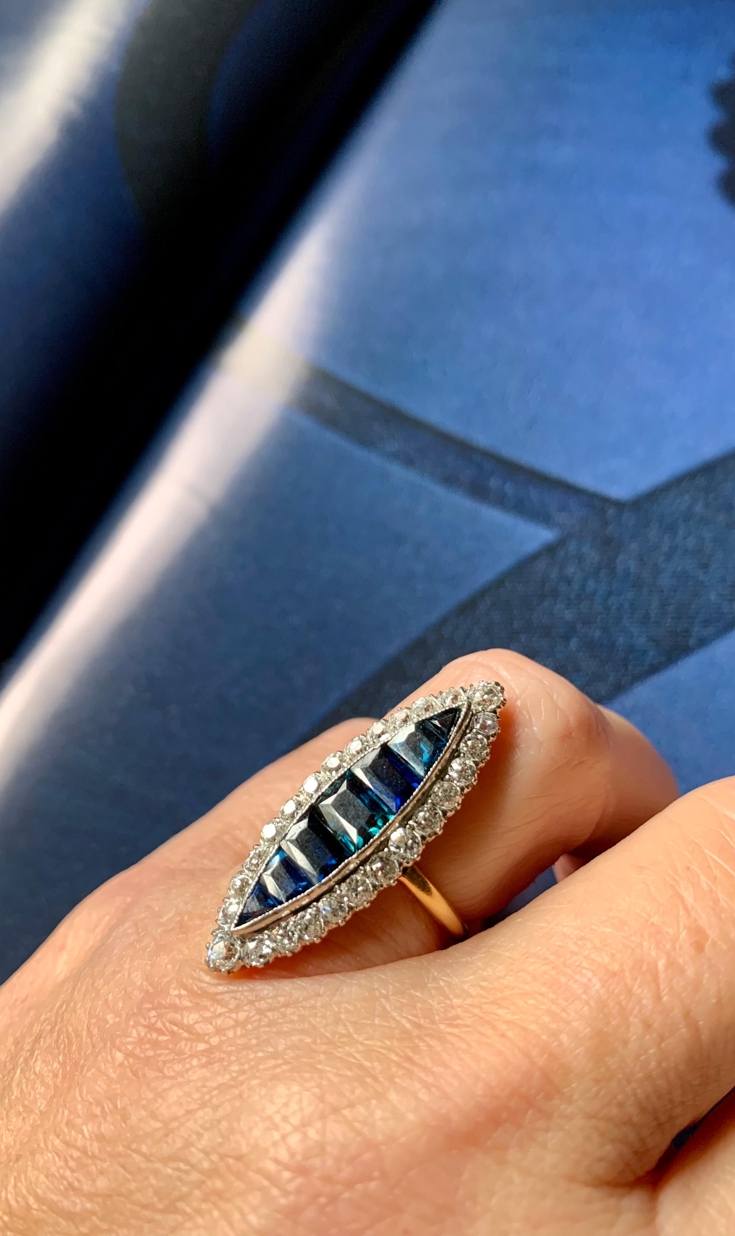 Large Antique Edwardian Diamond, Invisibly Set Sapphire 18k Gold Navette Ring For Sale 7