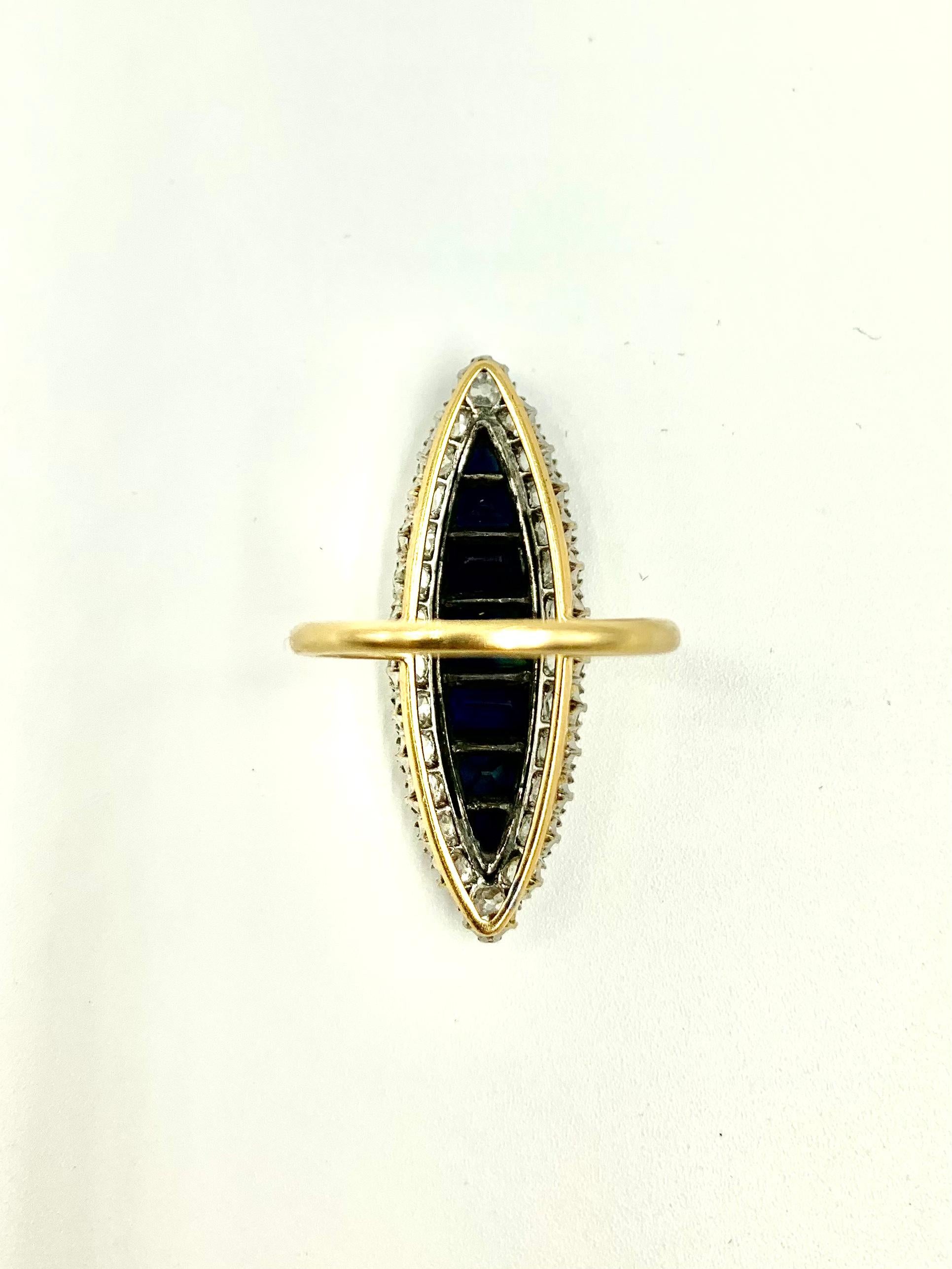 Large Antique Edwardian Diamond, Invisibly Set Sapphire 18k Gold Navette Ring For Sale 8