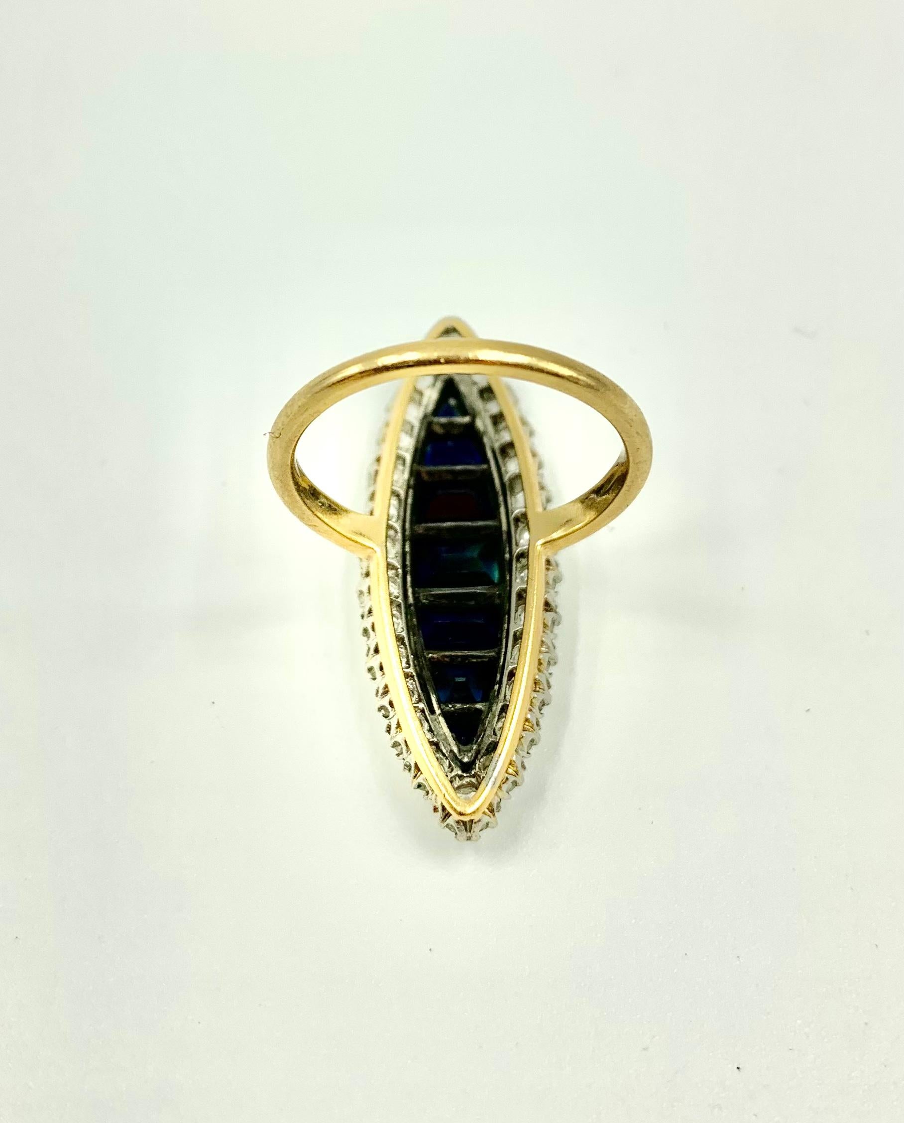 Large Antique Edwardian Diamond, Invisibly Set Sapphire 18k Gold Navette Ring For Sale 10