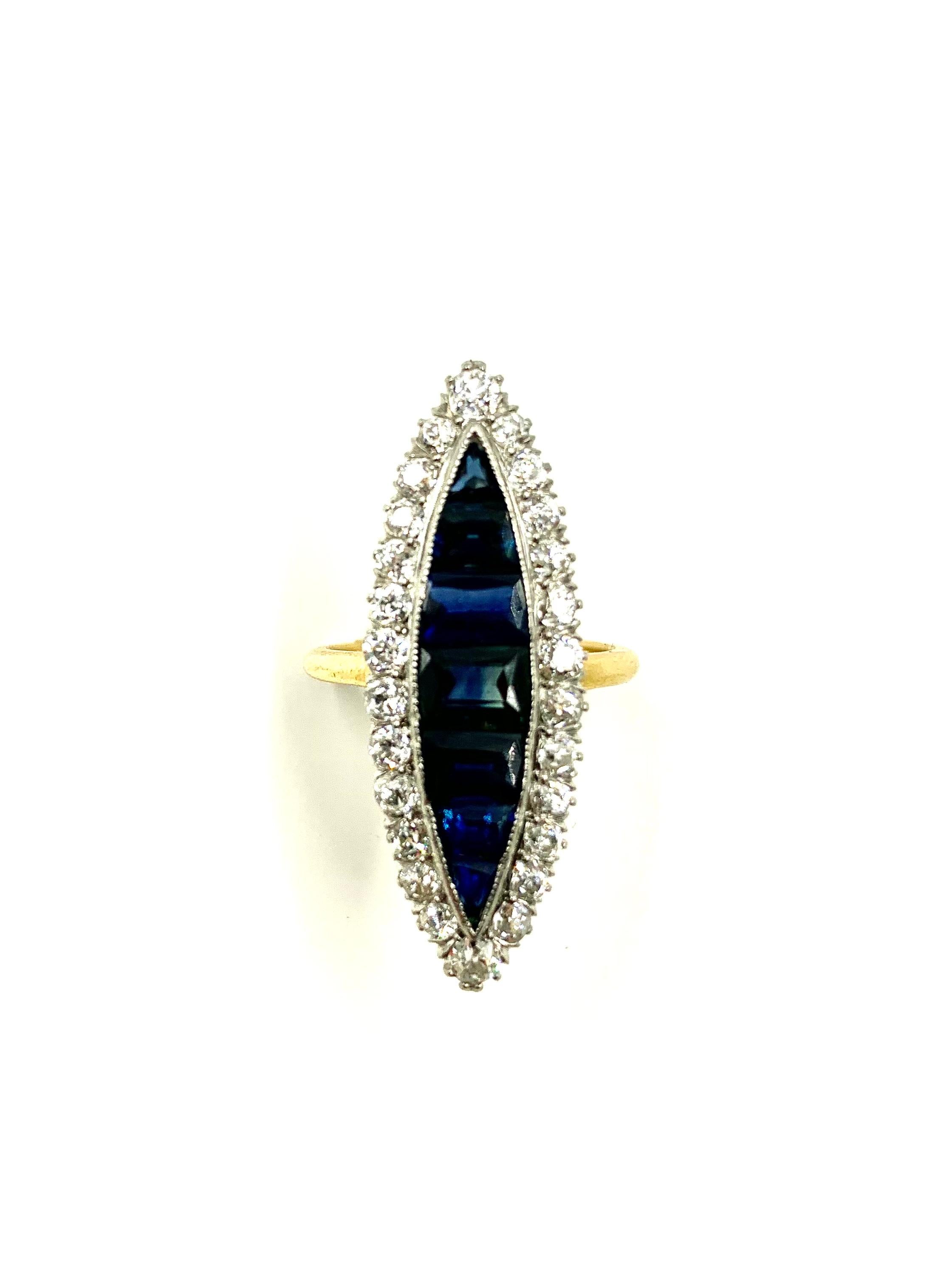 Large Antique Edwardian Diamond, Invisibly Set Sapphire 18k Gold Navette Ring For Sale 11