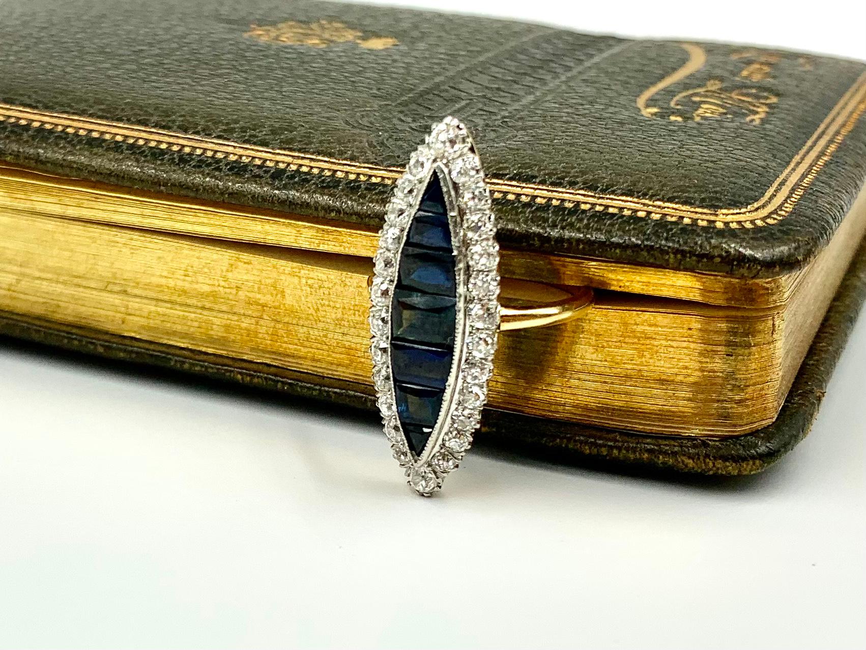 Large Antique Edwardian Diamond, Invisibly Set Sapphire 18k Gold Navette Ring For Sale 12