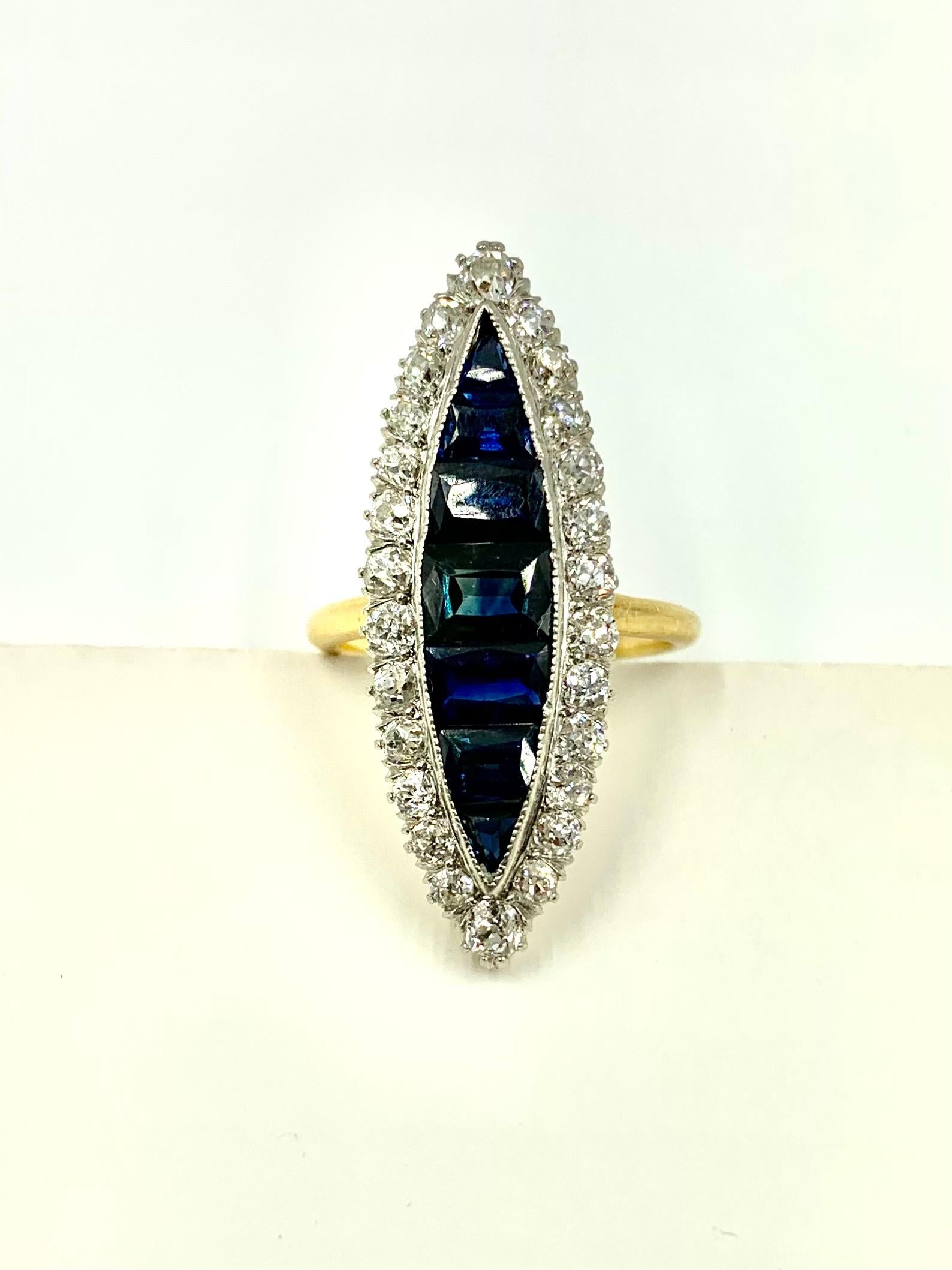 Large Antique Edwardian Diamond, Invisibly Set Sapphire 18k Gold Navette Ring For Sale 13