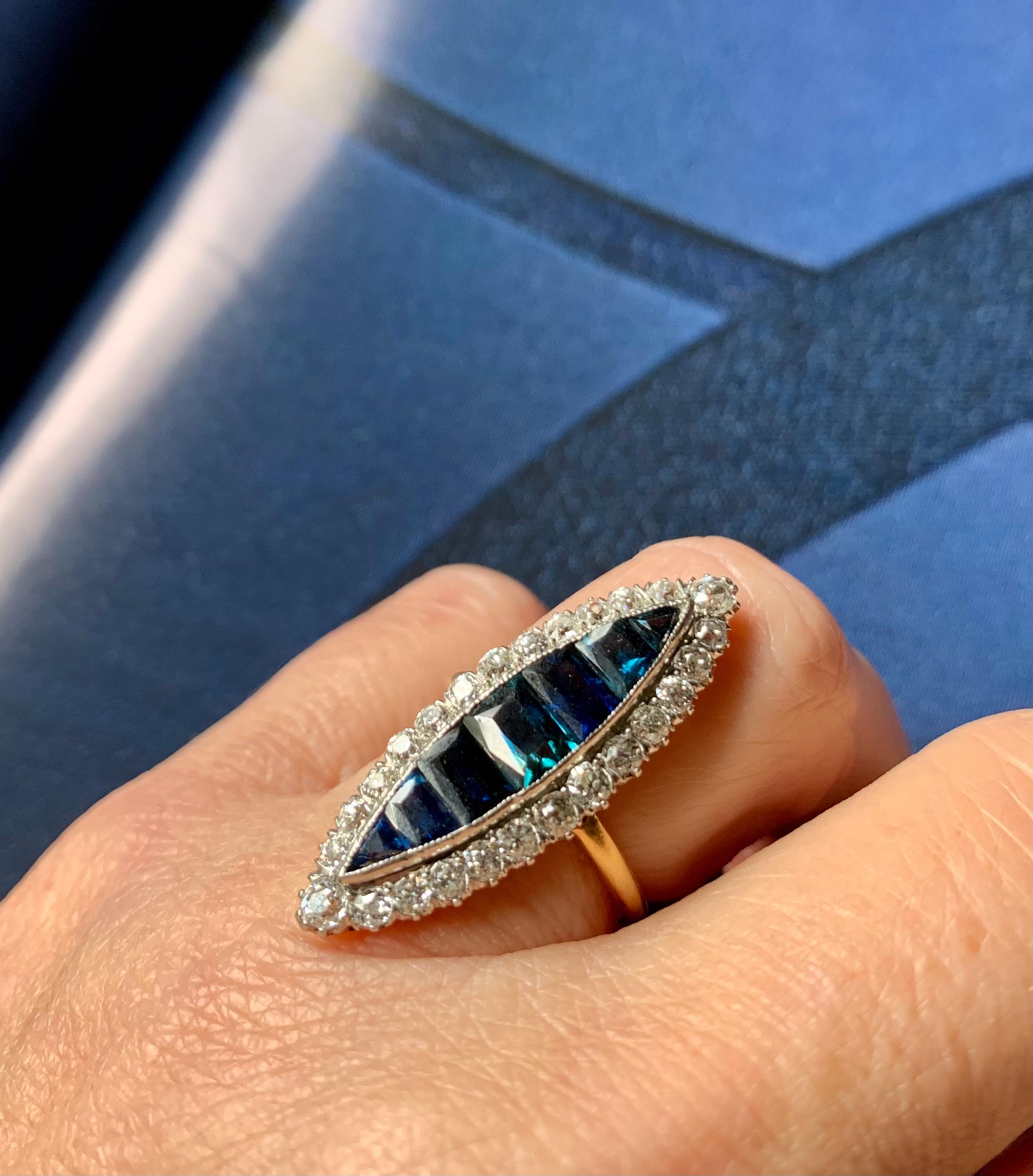 Large Antique Edwardian Diamond, Invisibly Set Sapphire 18k Gold Navette Ring For Sale 14