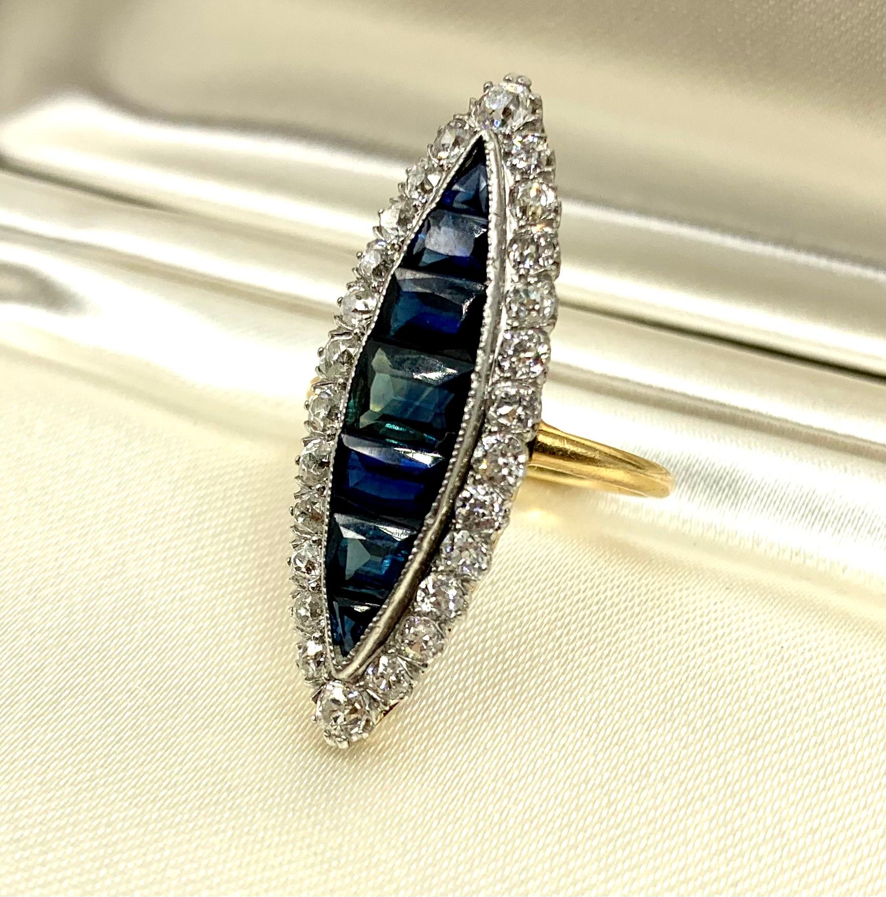 Mixed Cut Large Antique Edwardian Diamond, Invisibly Set Sapphire 18k Gold Navette Ring For Sale