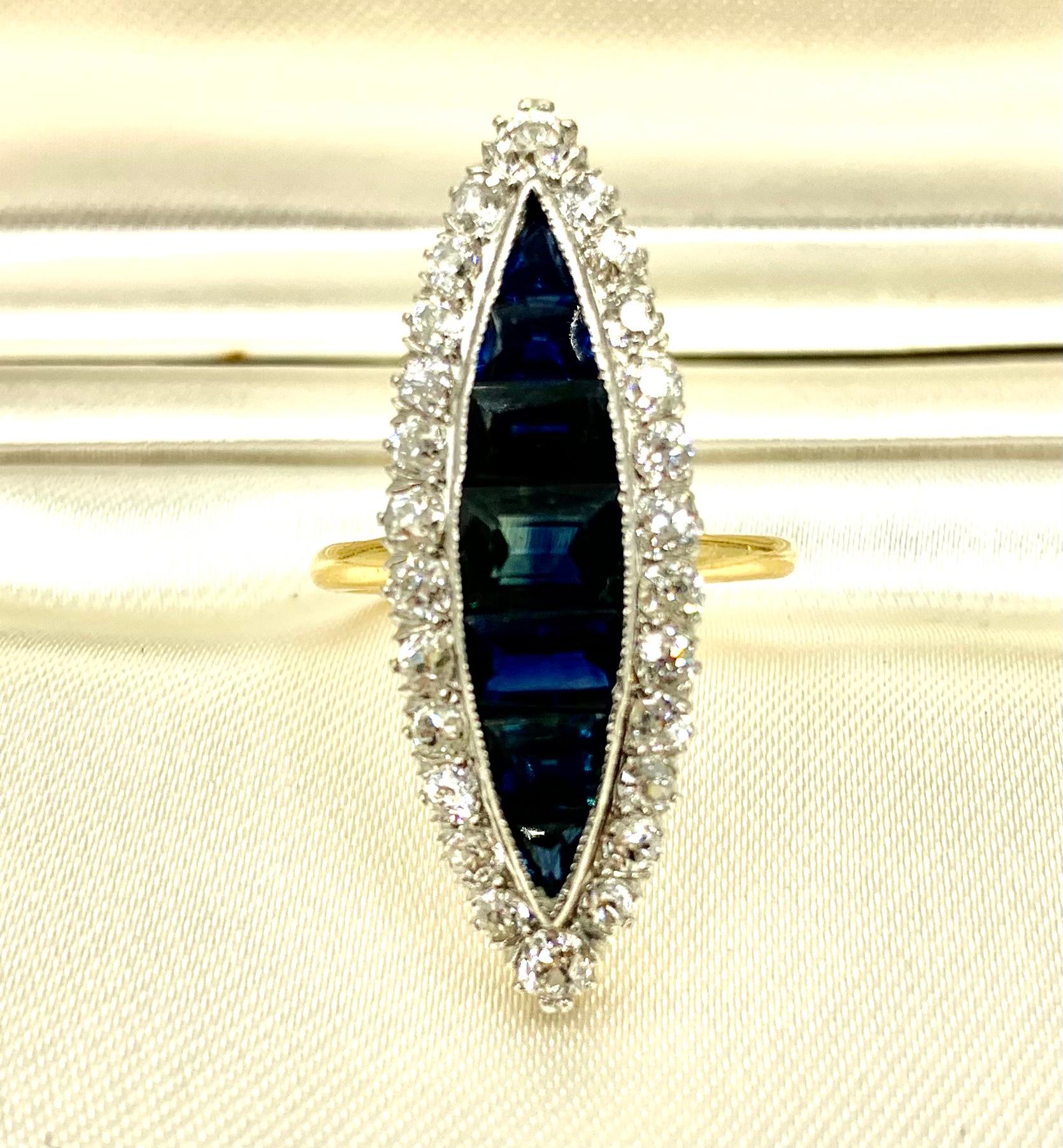 Large Antique Edwardian Diamond, Invisibly Set Sapphire 18k Gold Navette Ring In Good Condition For Sale In New York, NY