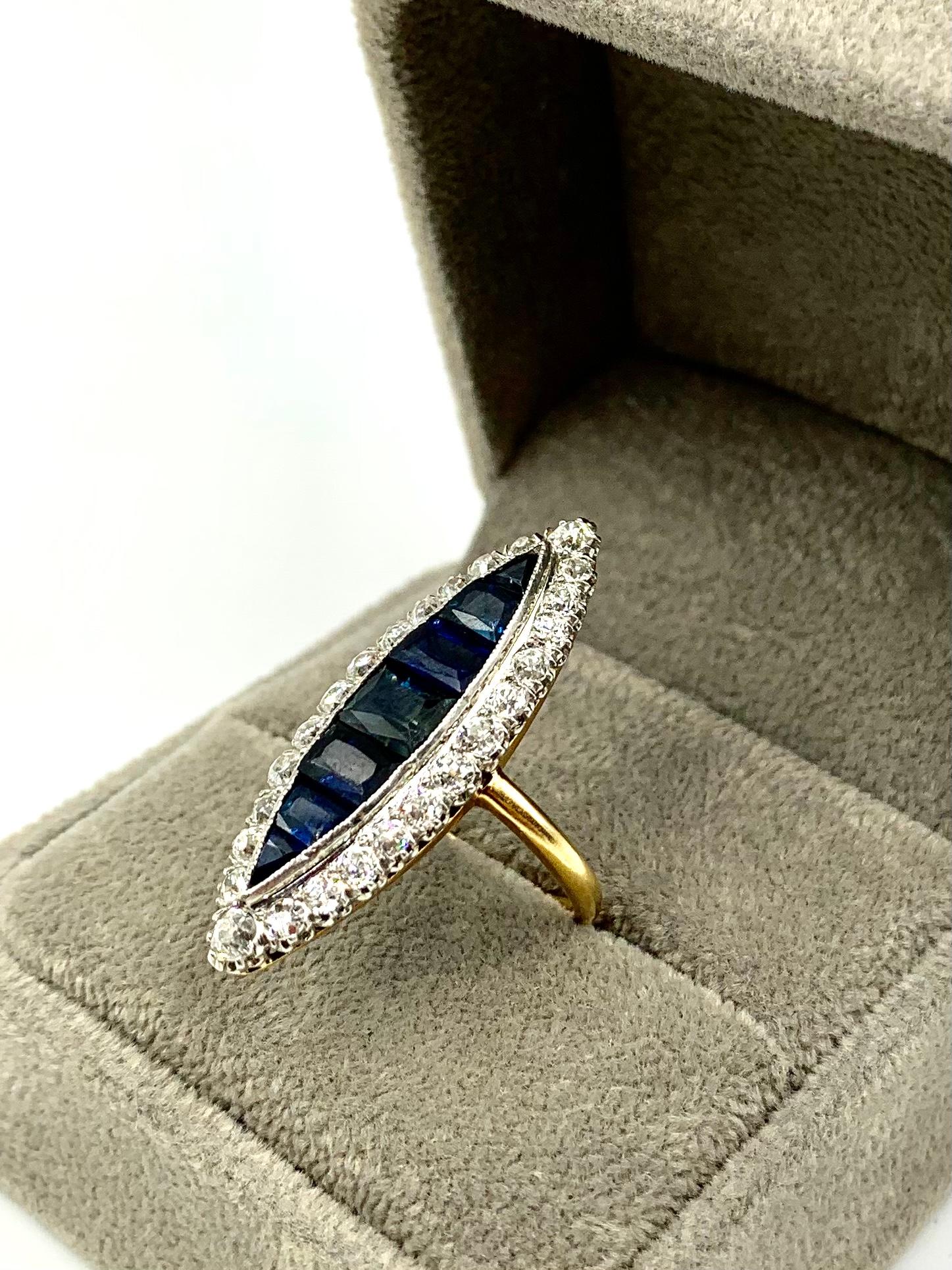 Large Antique Edwardian Diamond, Invisibly Set Sapphire 18k Gold Navette Ring For Sale 2