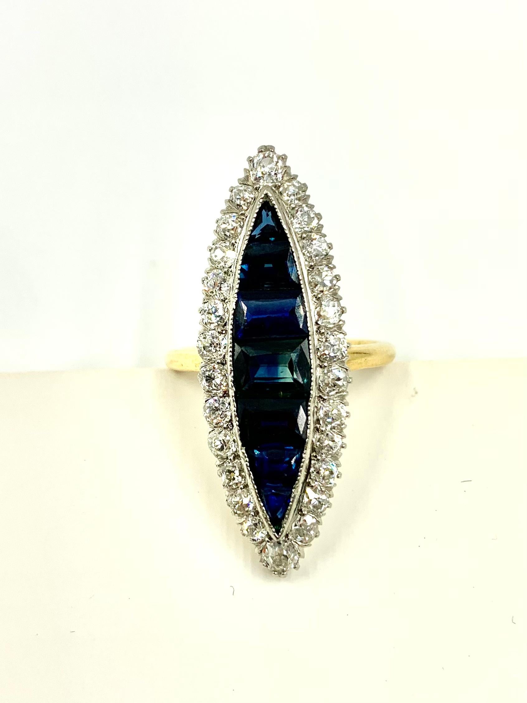 Large Antique Edwardian Diamond, Invisibly Set Sapphire 18k Gold Navette Ring For Sale 3