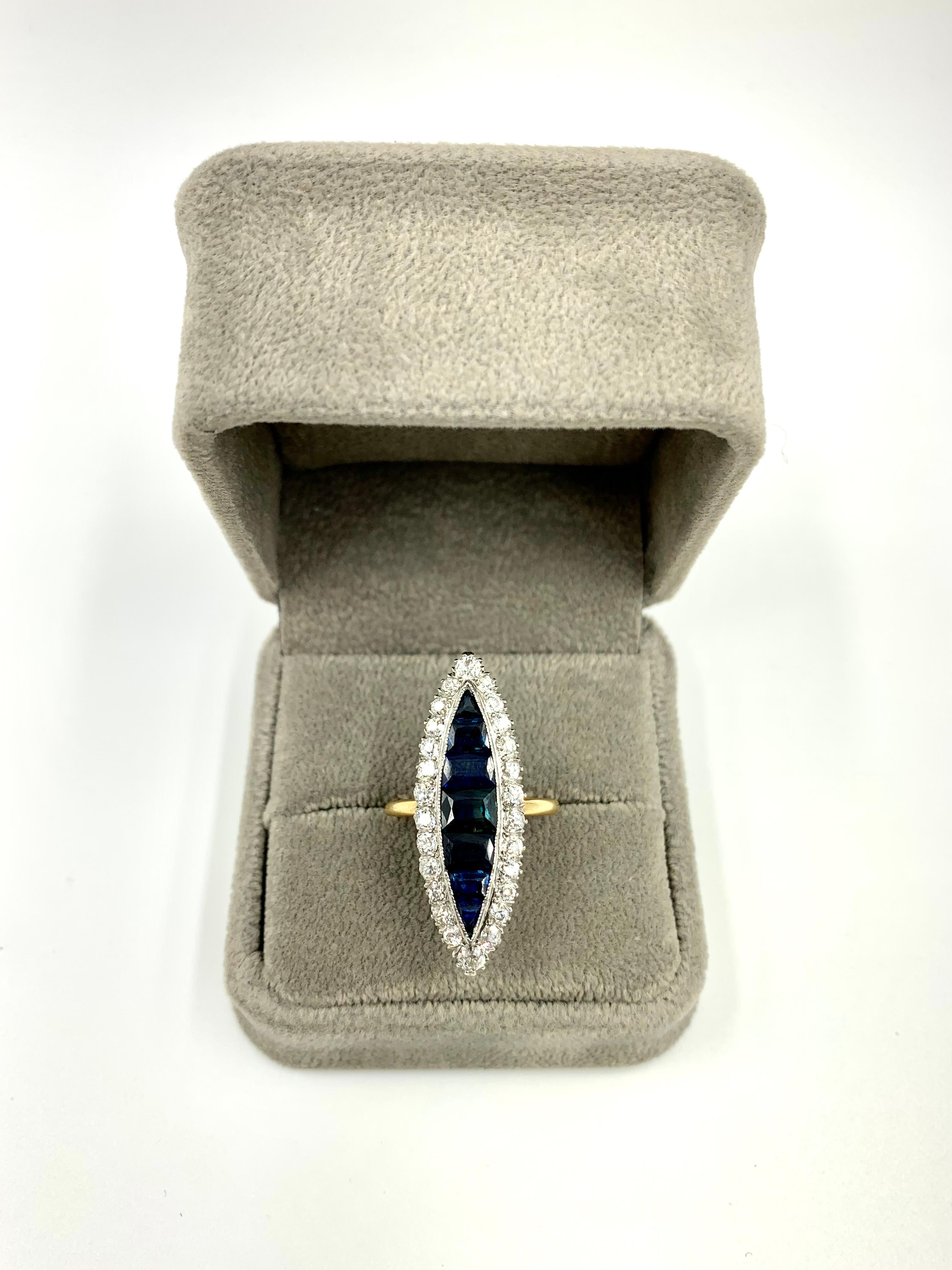 Large Antique Edwardian Diamond, Invisibly Set Sapphire 18k Gold Navette Ring For Sale 4