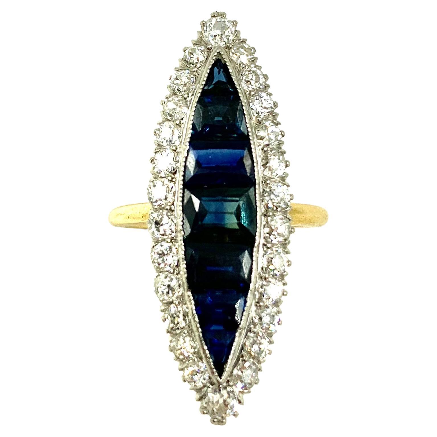 Large Antique Edwardian Diamond, Invisibly Set Sapphire 18k Gold Navette Ring For Sale