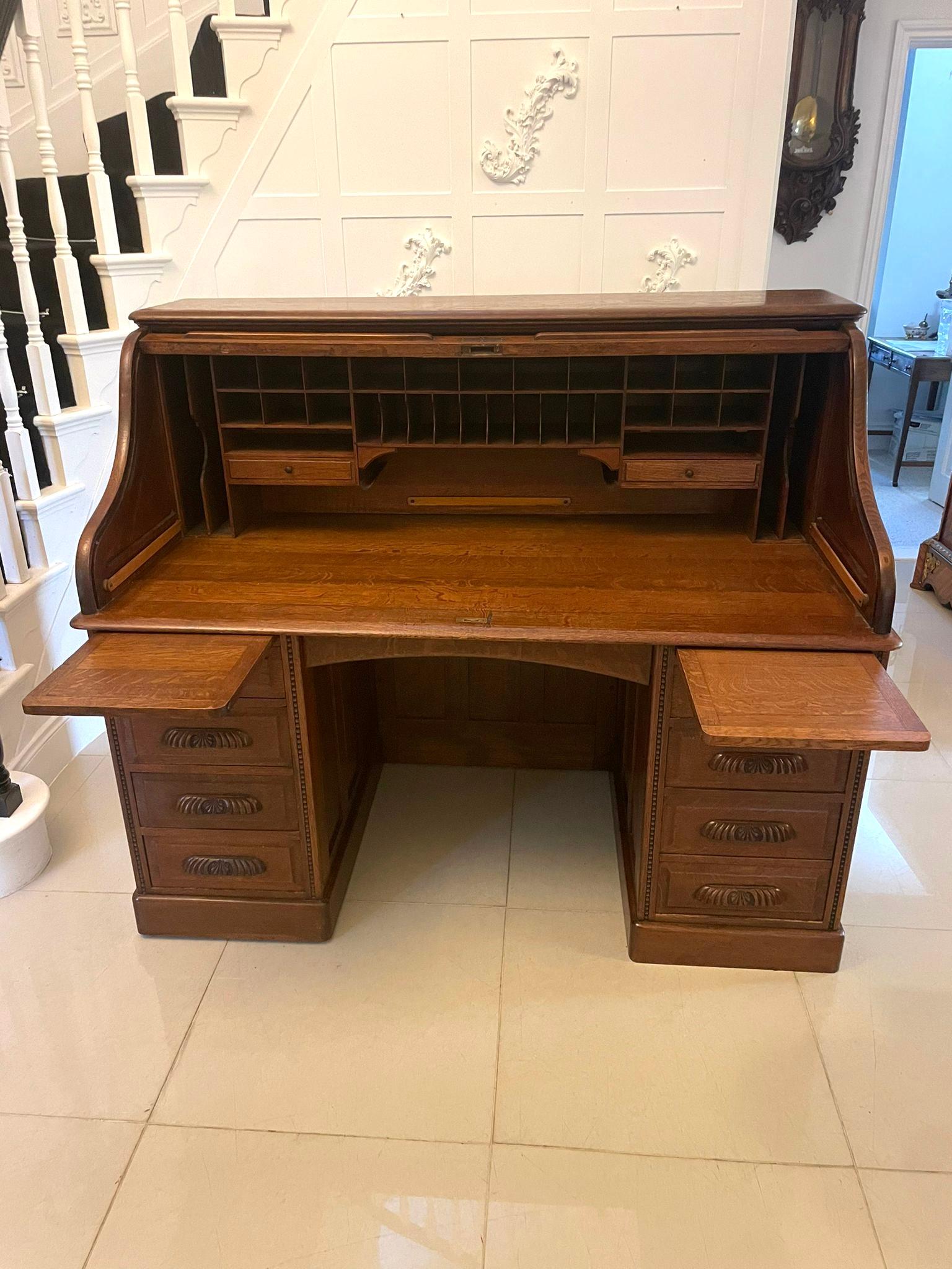 Large Antique Edwardian Freestanding Quality Oak Roll Top Desk For Sale 6