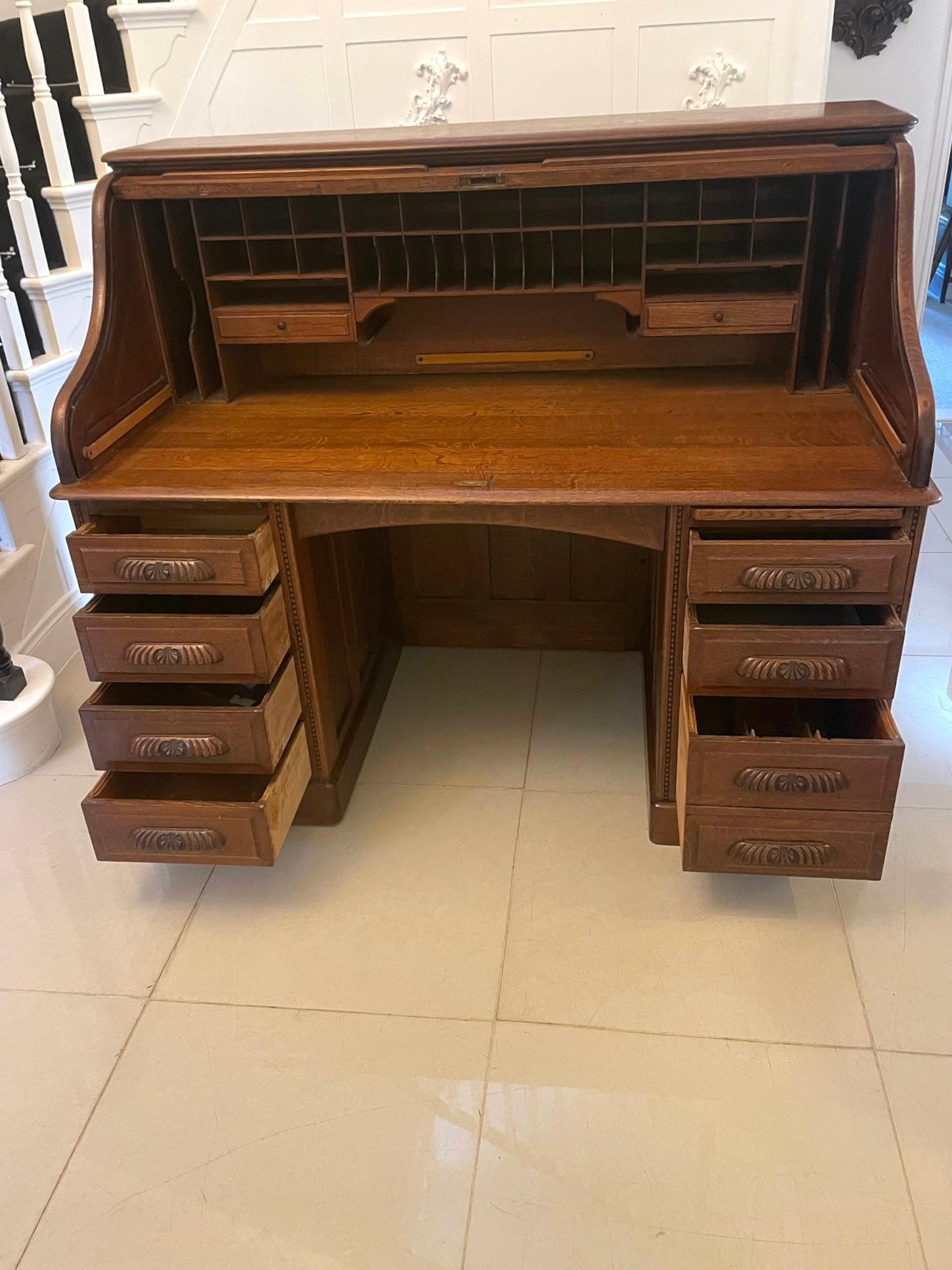 Large Antique Edwardian Freestanding Quality Oak Roll Top Desk For Sale 7