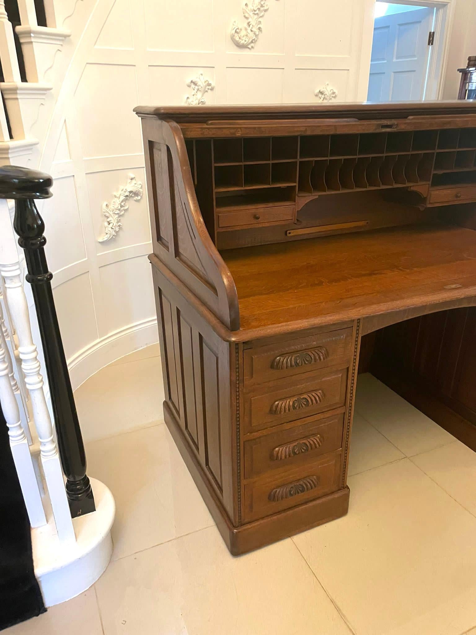 Large Antique Edwardian Freestanding Quality Oak Roll Top Desk For Sale 12