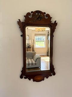 Large antique Edwardian inlaid and gilt mahogany fretted wall mirror