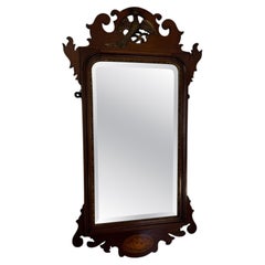 Large antique Edwardian inlaid and gilt mahogany fretted wall mirror