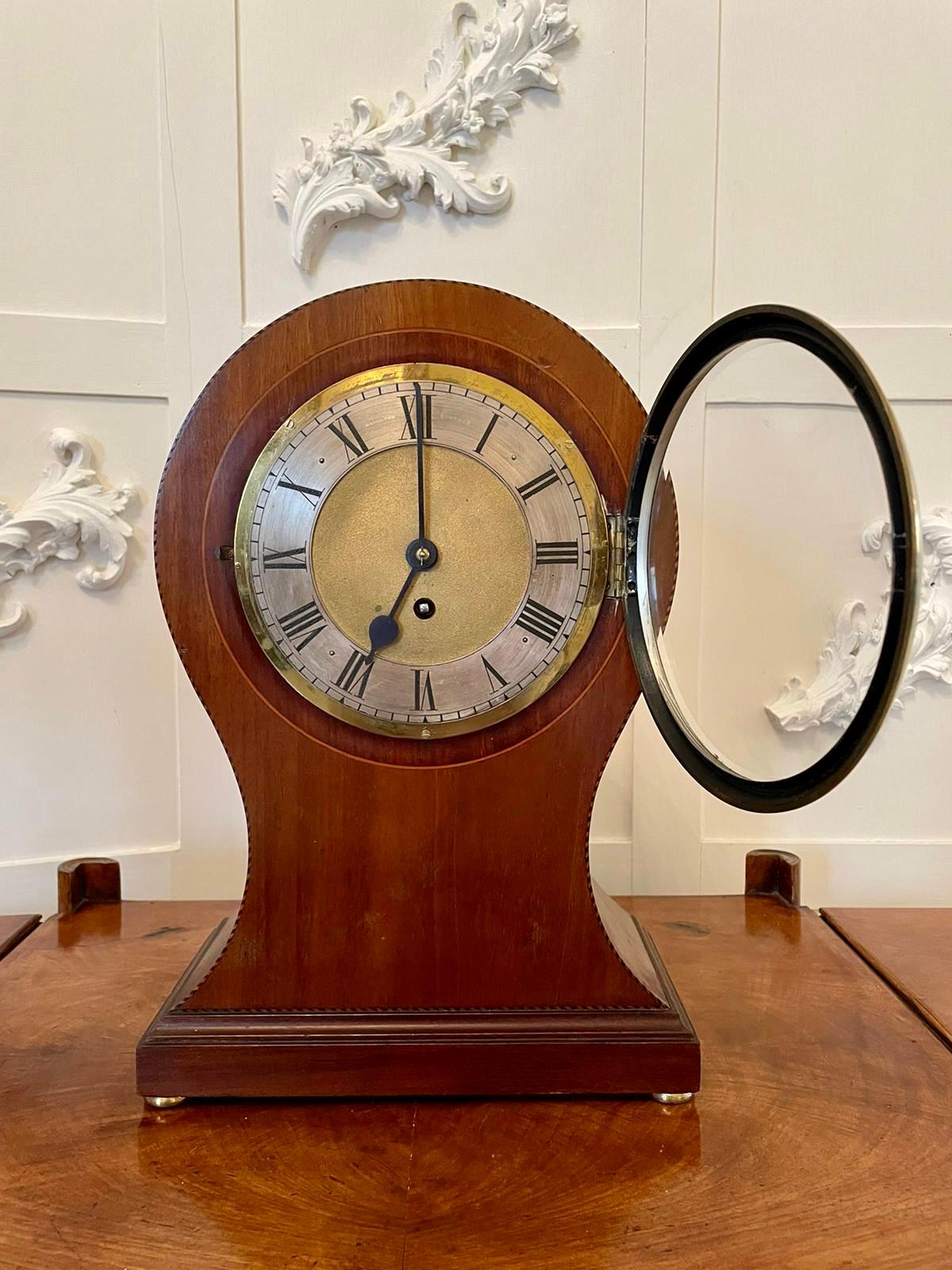 English Large Antique Edwardian Inlaid Mahogany Balloon Shaped Mantel Clock For Sale