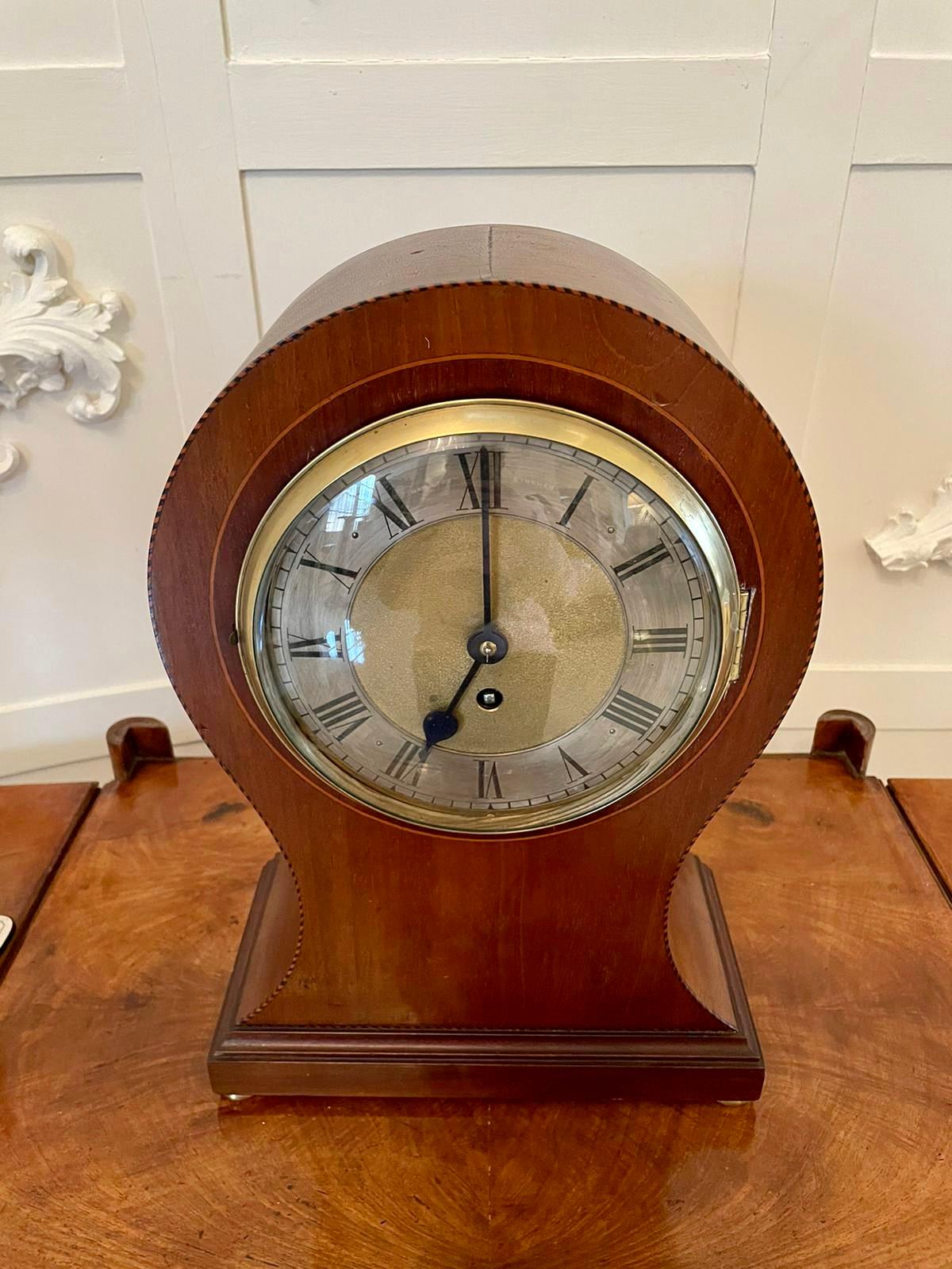 Large Antique Edwardian Inlaid Mahogany Balloon Shaped Mantel Clock In Good Condition For Sale In Suffolk, GB