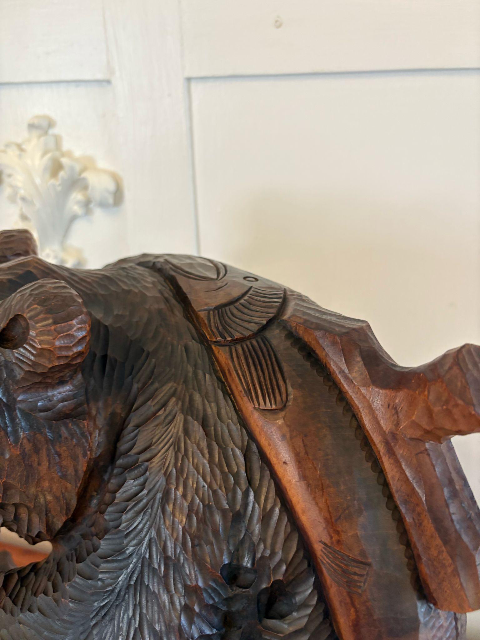 Large Antique Edwardian Quality Carved Linden Wood Japanese Bear Carrying a Fish For Sale 5