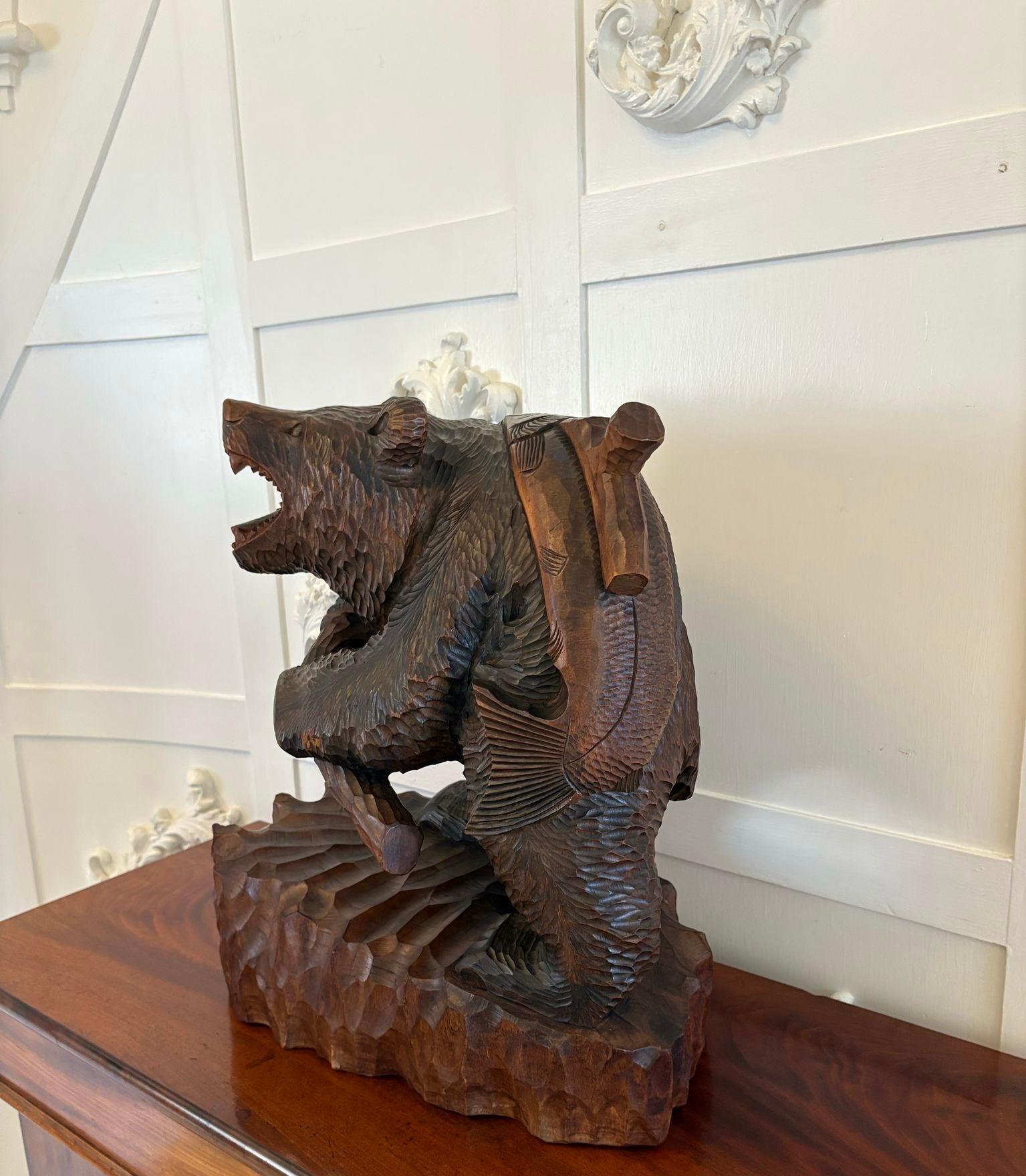 Large Antique Edwardian Quality Carved Linden Wood Japanese Bear Carrying a Fish For Sale 7
