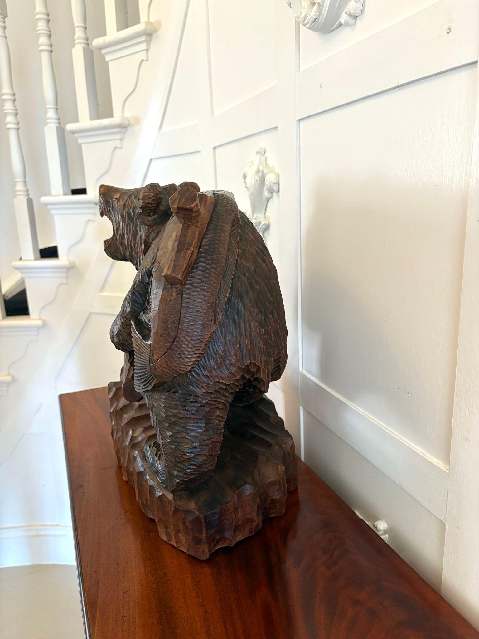 Large Antique Edwardian Quality Carved Linden Wood Japanese Bear Carrying a Fish In Good Condition For Sale In Suffolk, GB