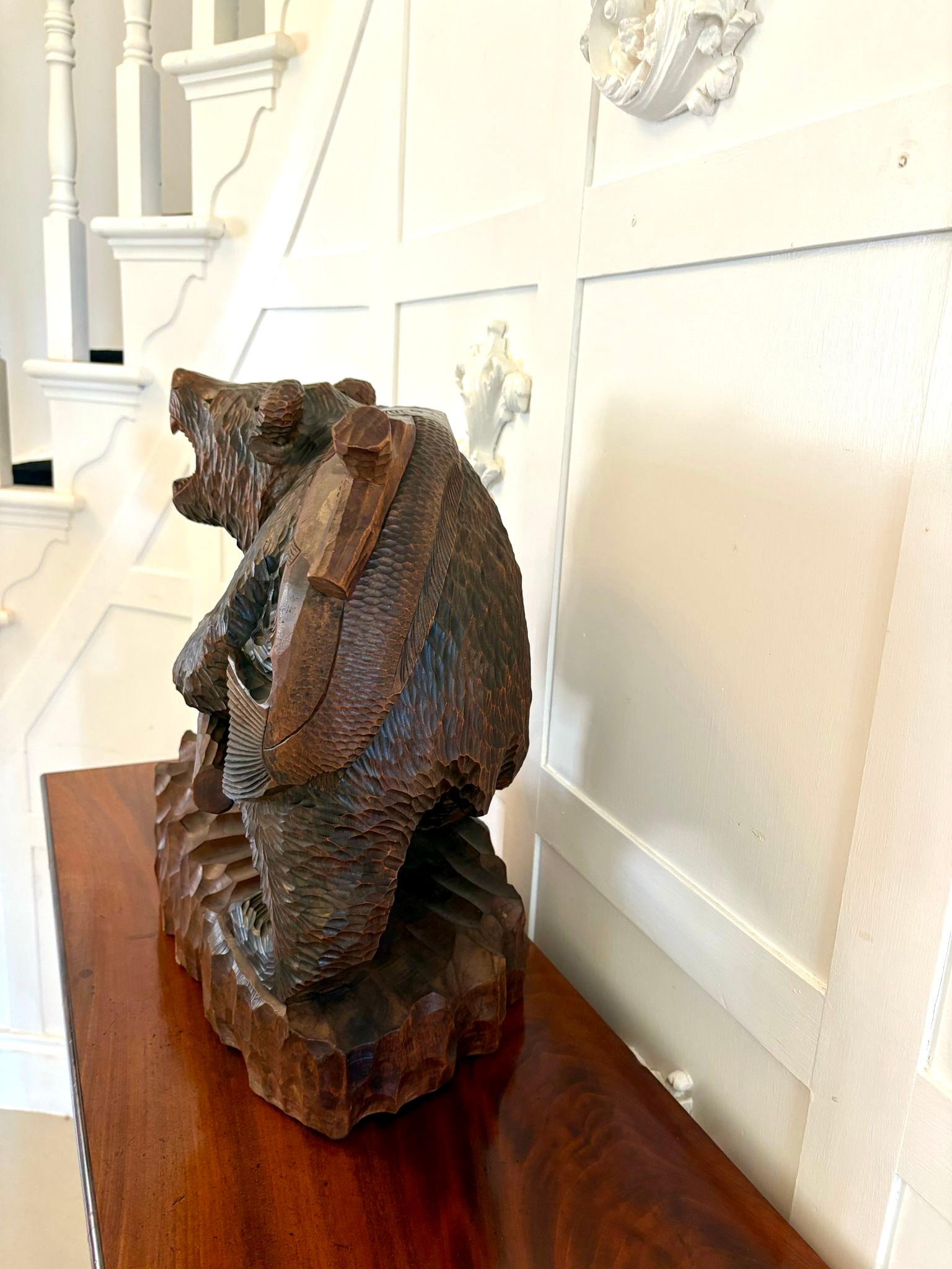 20th Century Large Antique Edwardian Quality Carved Linden Wood Japanese Bear Carrying a Fish For Sale