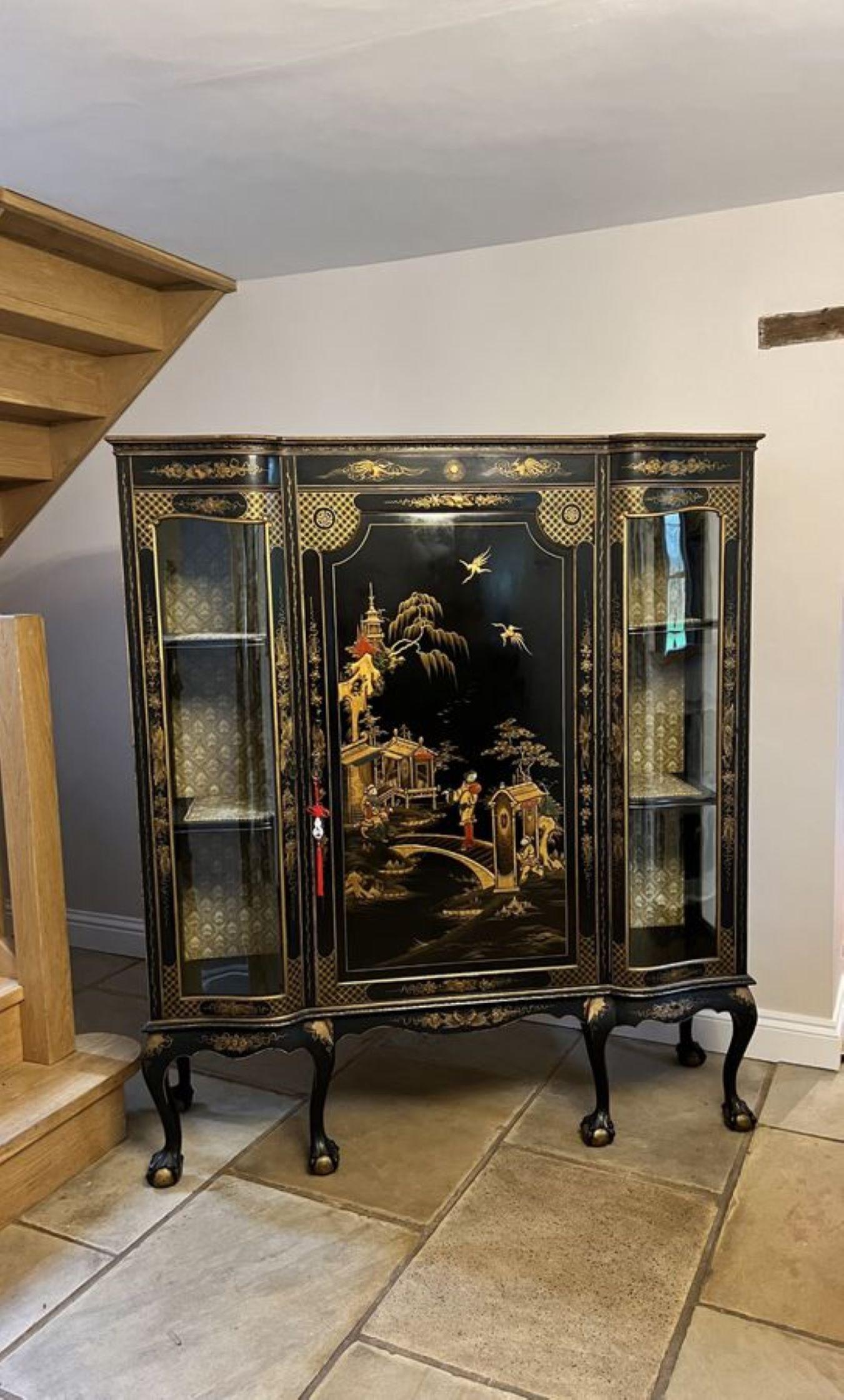 Large antique Edwardian quality chinoiserie decorated display cabinet  In Good Condition For Sale In Ipswich, GB