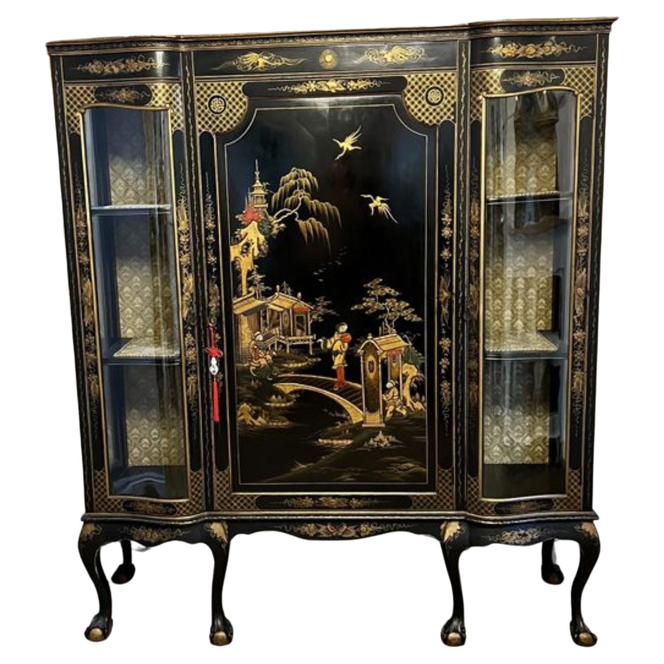 Large antique Edwardian quality chinoiserie decorated display cabinet  For Sale