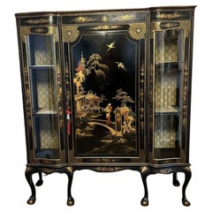 Large antique Edwardian quality chinoiserie decorated display cabinet 