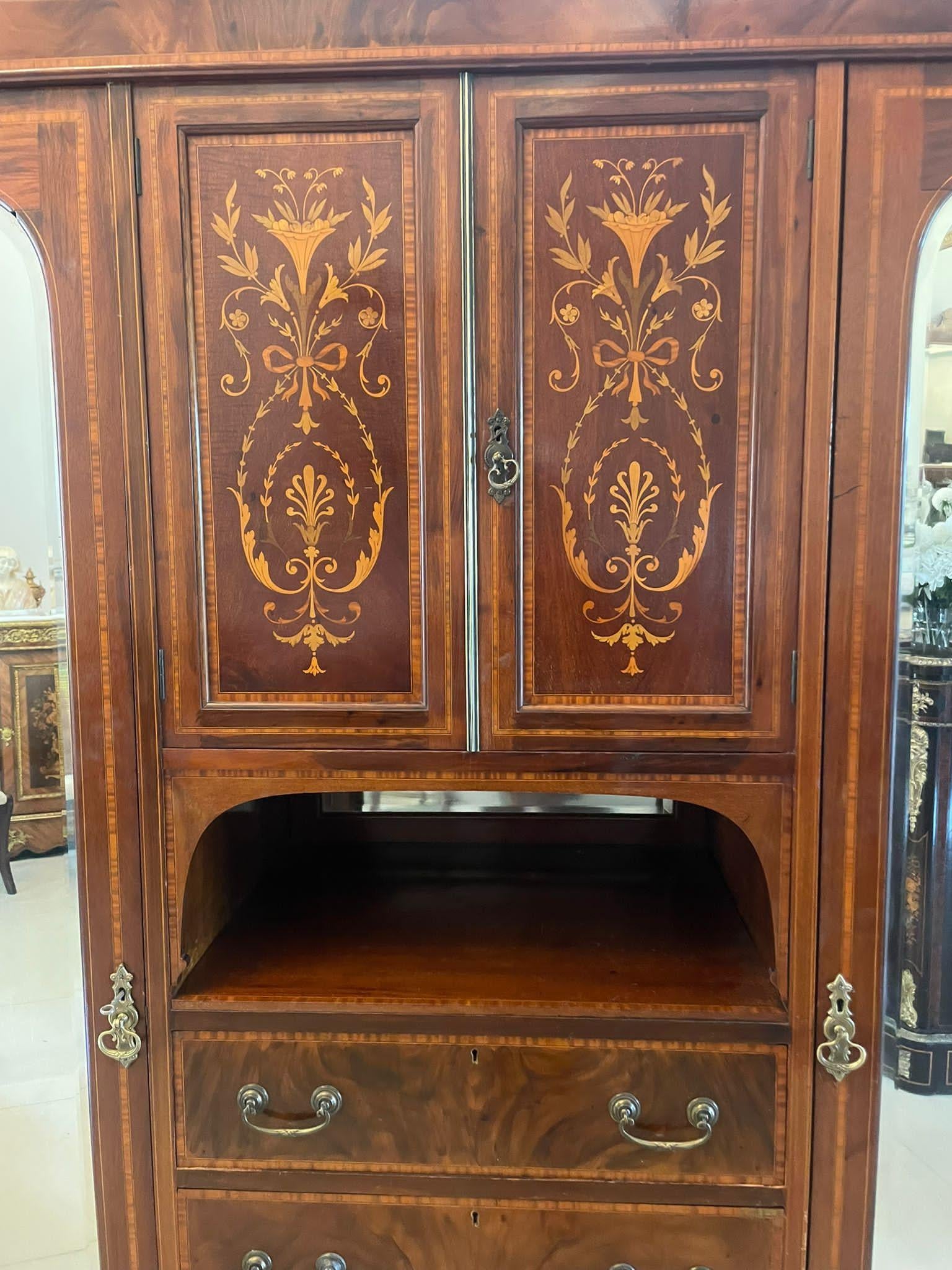 English Large Antique Edwardian Quality Mahogany Marquetry Inlaid Wardrobe