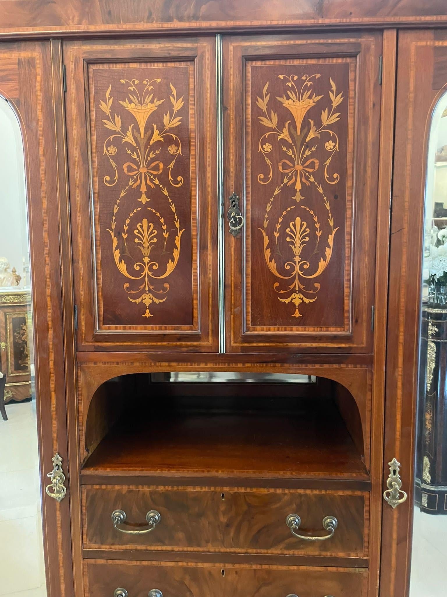 English Large Antique Edwardian Quality Mahogany Marquetry Inlaid Wardrobe 