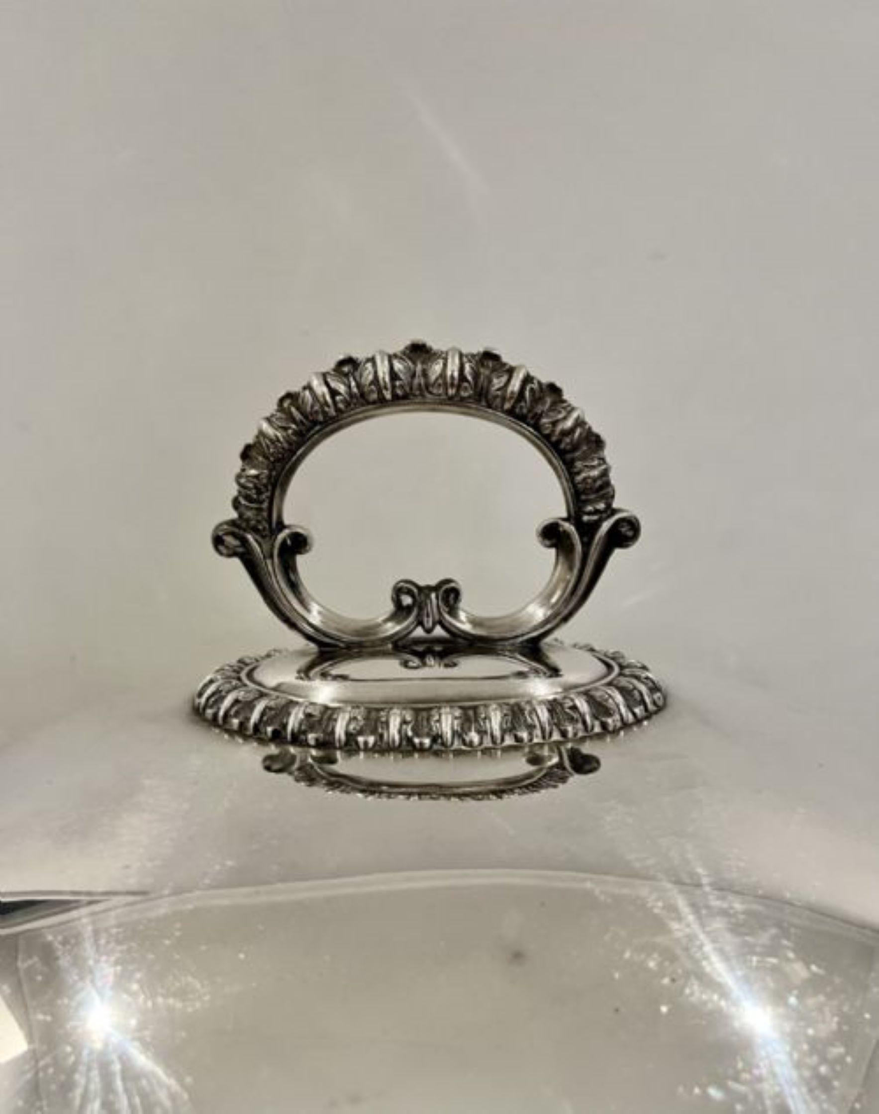 Large antique Edwardian quality silver plated meat cover having a quality antique Edwardian silver plated meat cover by Walker & Hall having a ornate shaped handle to the top, with quality engraved decorated to the dome shaped cover with an ornate