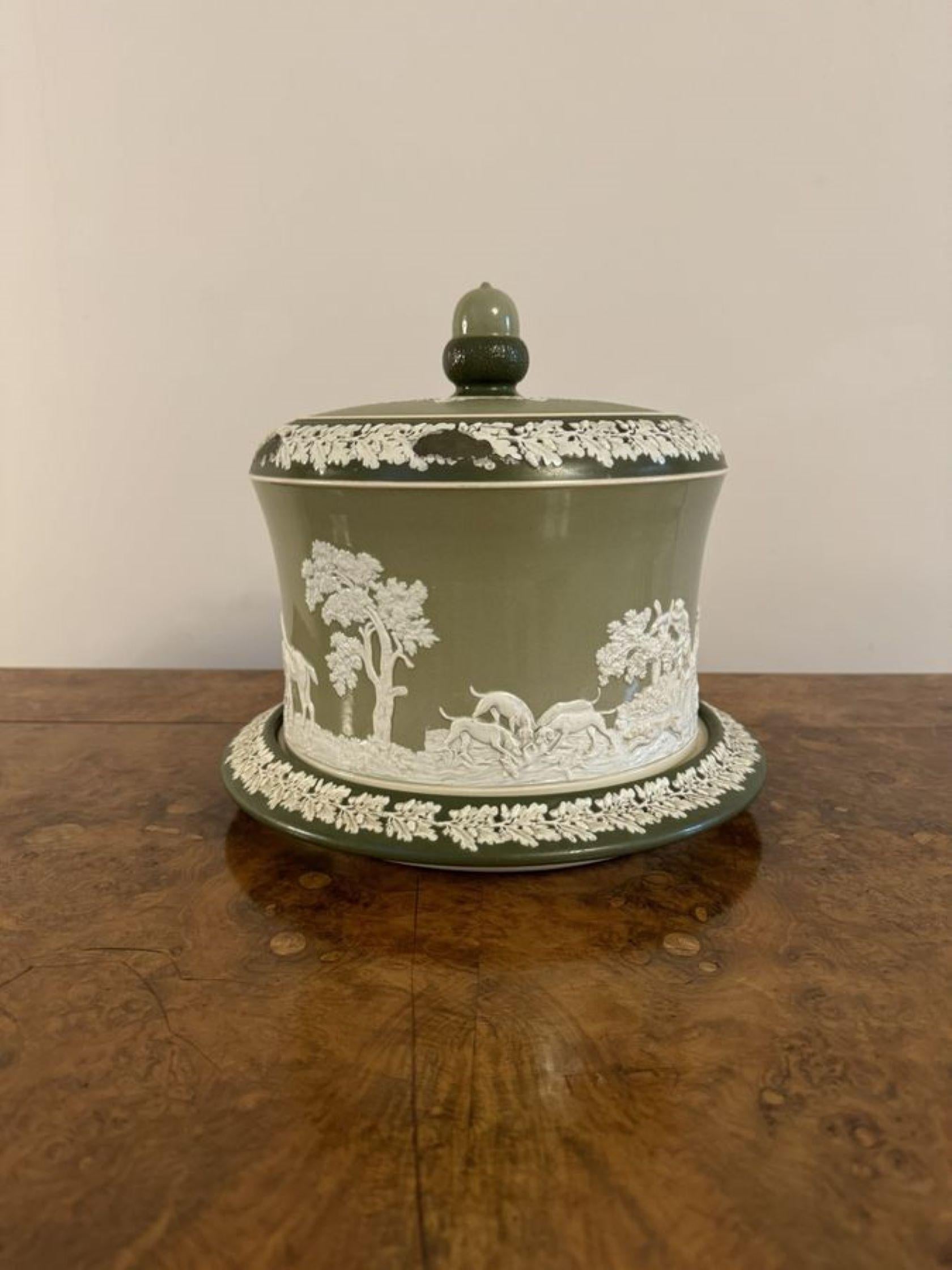 Large antique Edwardian quality W&R Carlton ware cheese dish, having a quality antique Edwardian Carlton ware Wiltshaw & Robinson cheese dish with an acorn finale to the top raised on the original circular stand with wonderful white enamel