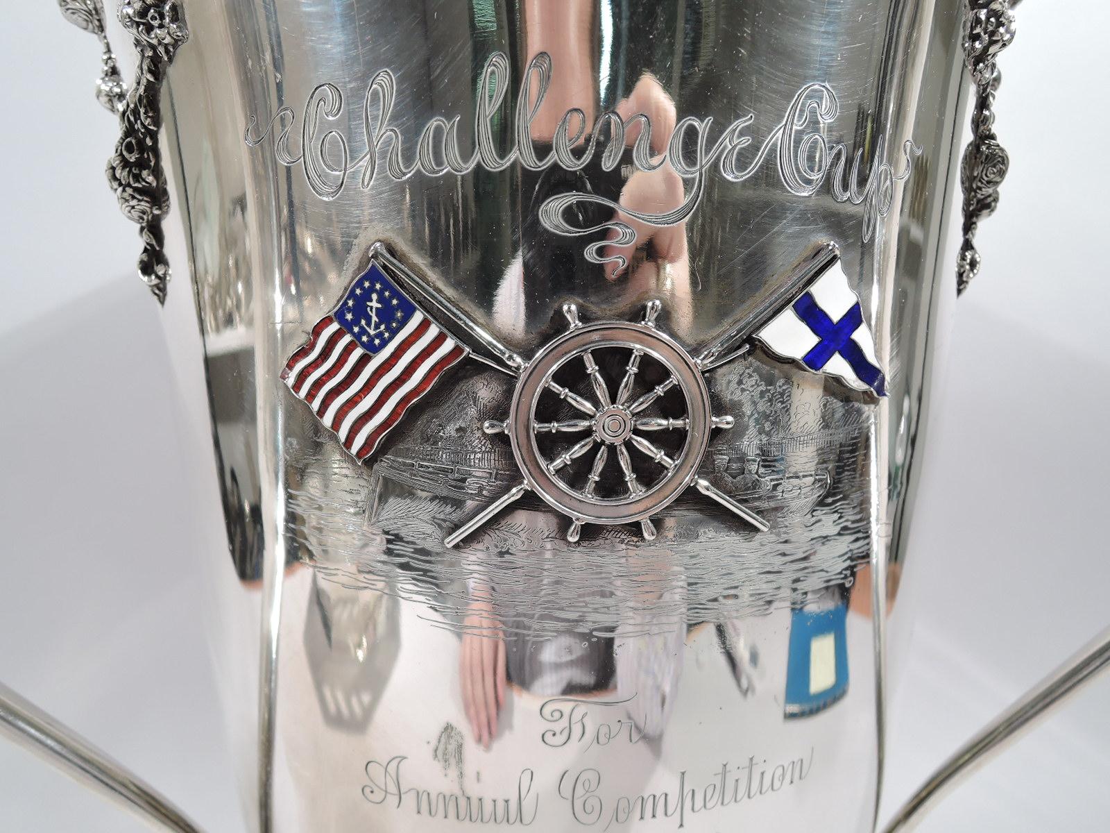 Appliqué Large Antique Edwardian Sterling Silver Boat Race Trophy Loving Cup