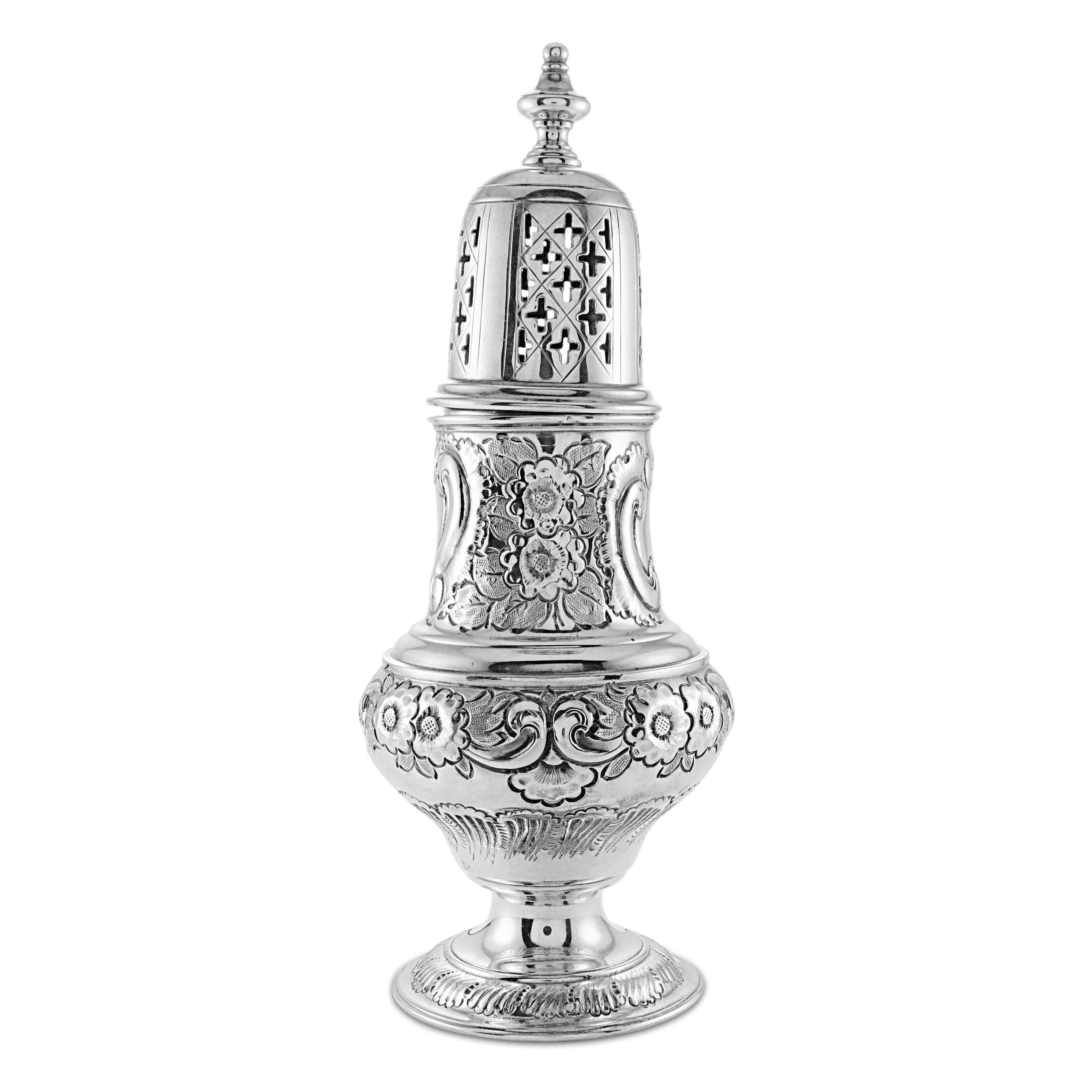 Fine and Impressive, Large Antique Edwardian Sterling Silver Sugar Caster. Beautifully Hand Embossed Floral and Scroll and Garland Designs. Domed Cover with ornamental piercing and Vasiform finial. Approx. 7” High. Weighing approx. 
 