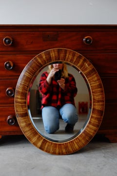 Large Antique Edwardian Zebra Wood Oval Mirror with Bevelled Glass