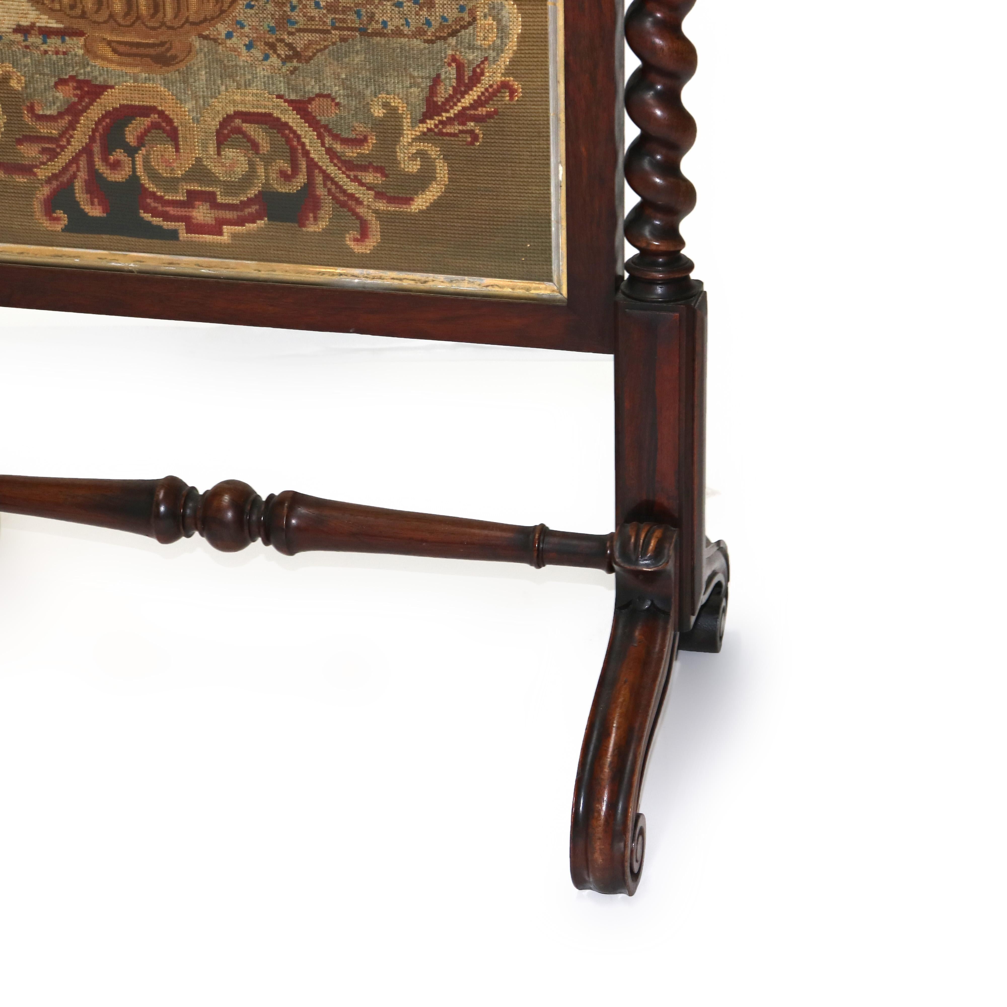 Grand écran de cheminée élisabéthain en bois de rose et tapisserie classique aux points d'aiguille Bon état - En vente à Big Flats, NY