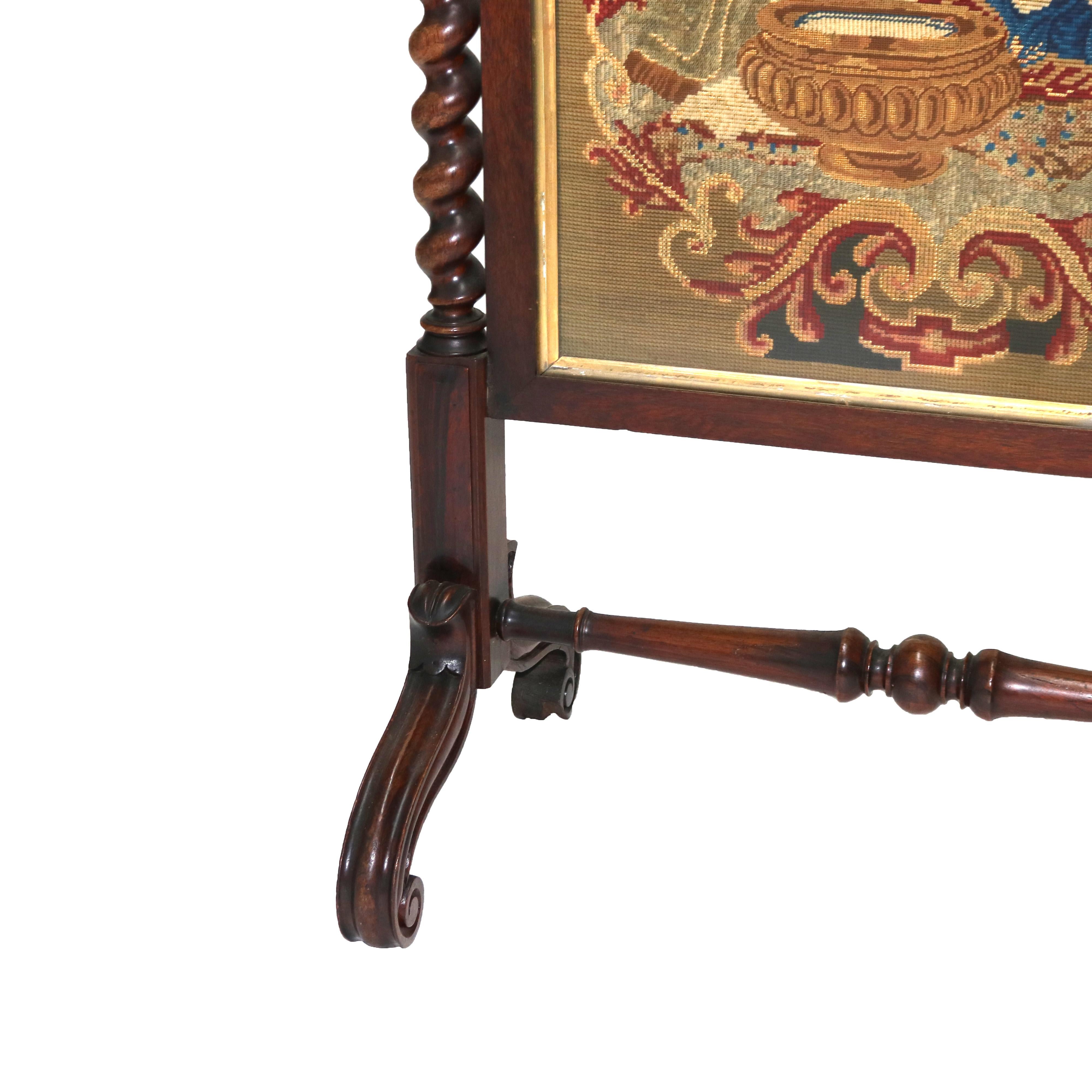 XIXe siècle Grand écran de cheminée élisabéthain en bois de rose et tapisserie classique aux points d'aiguille en vente