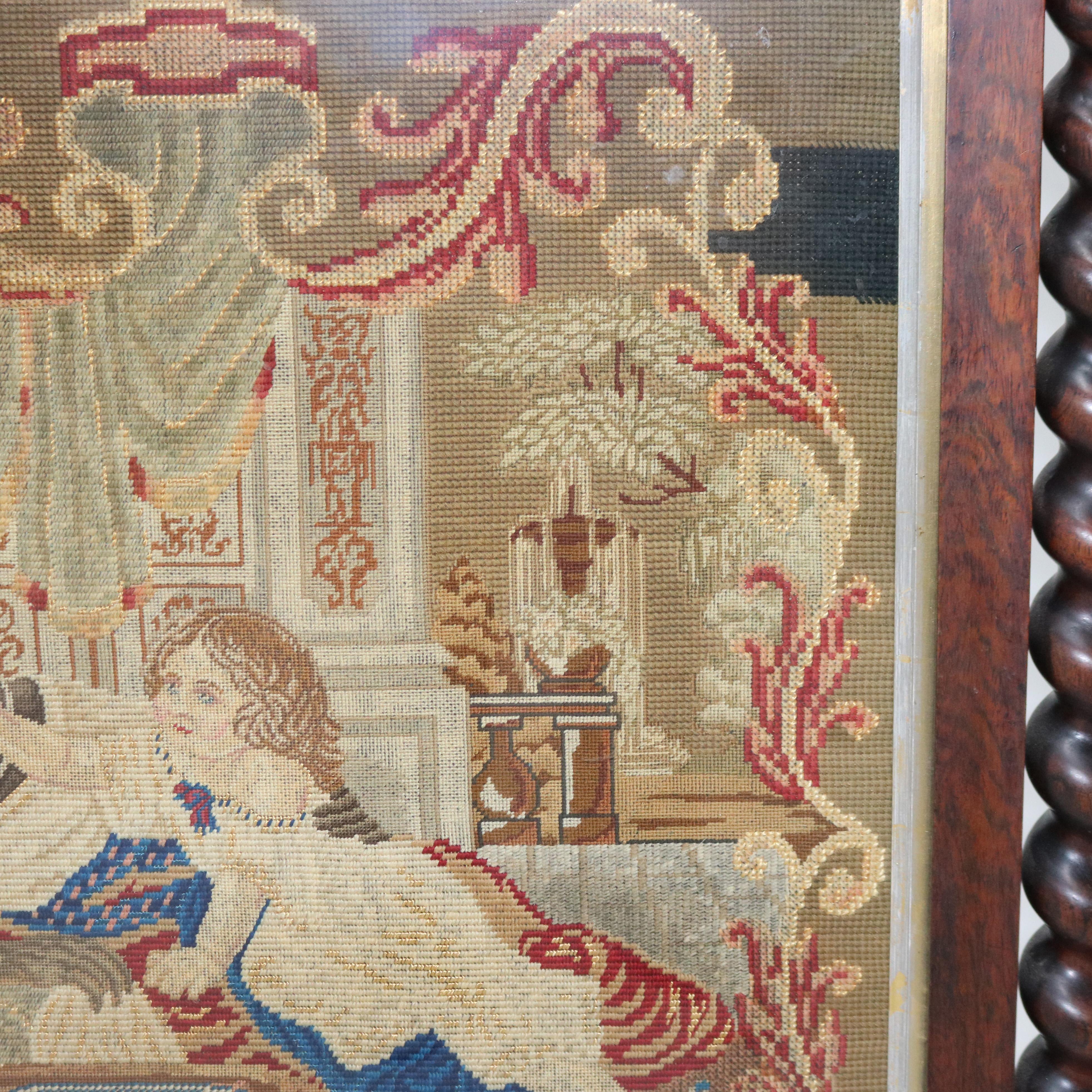 Grand écran de cheminée élisabéthain en bois de rose et tapisserie classique aux points d'aiguille en vente 1
