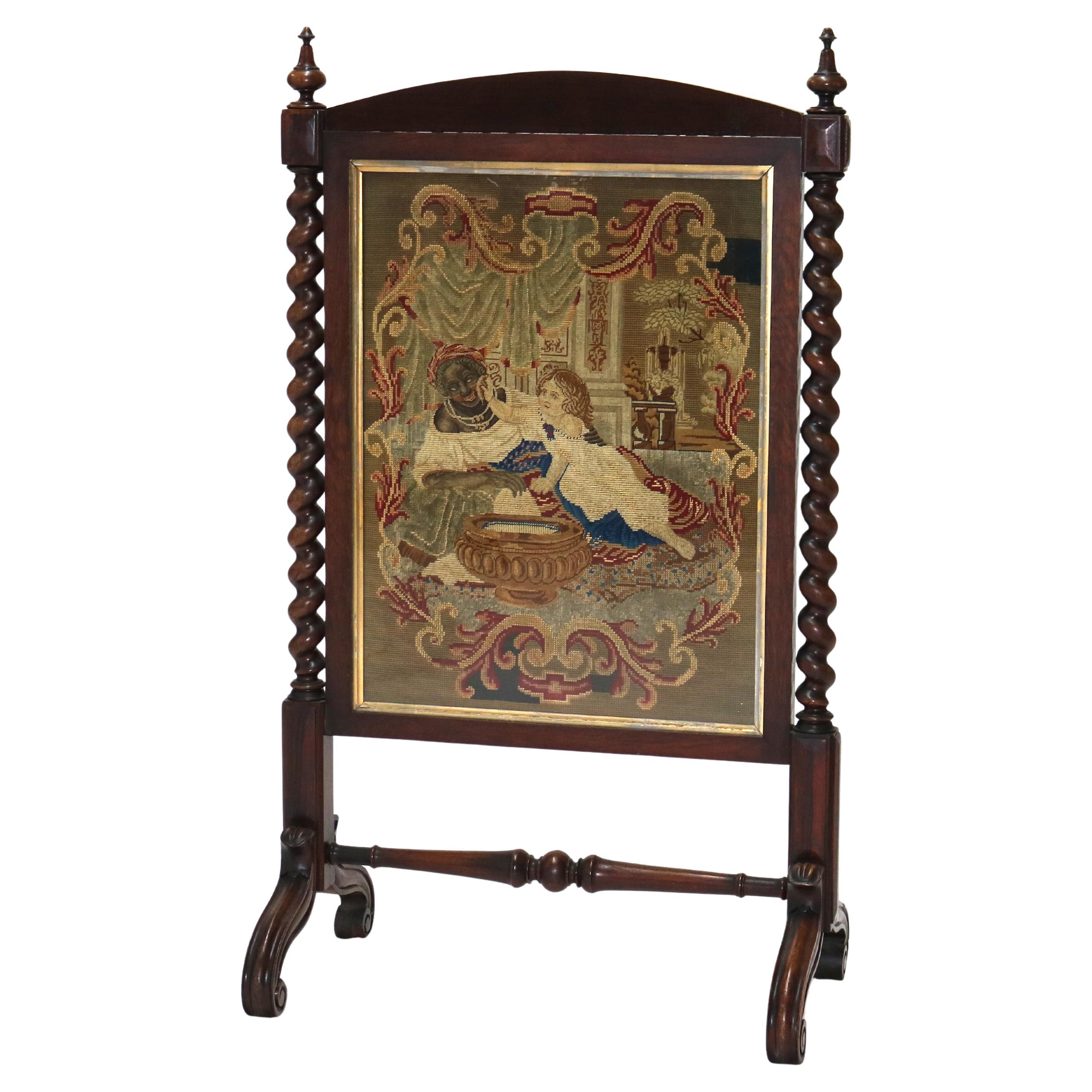 Grand écran de cheminée élisabéthain en bois de rose et tapisserie classique aux points d'aiguille