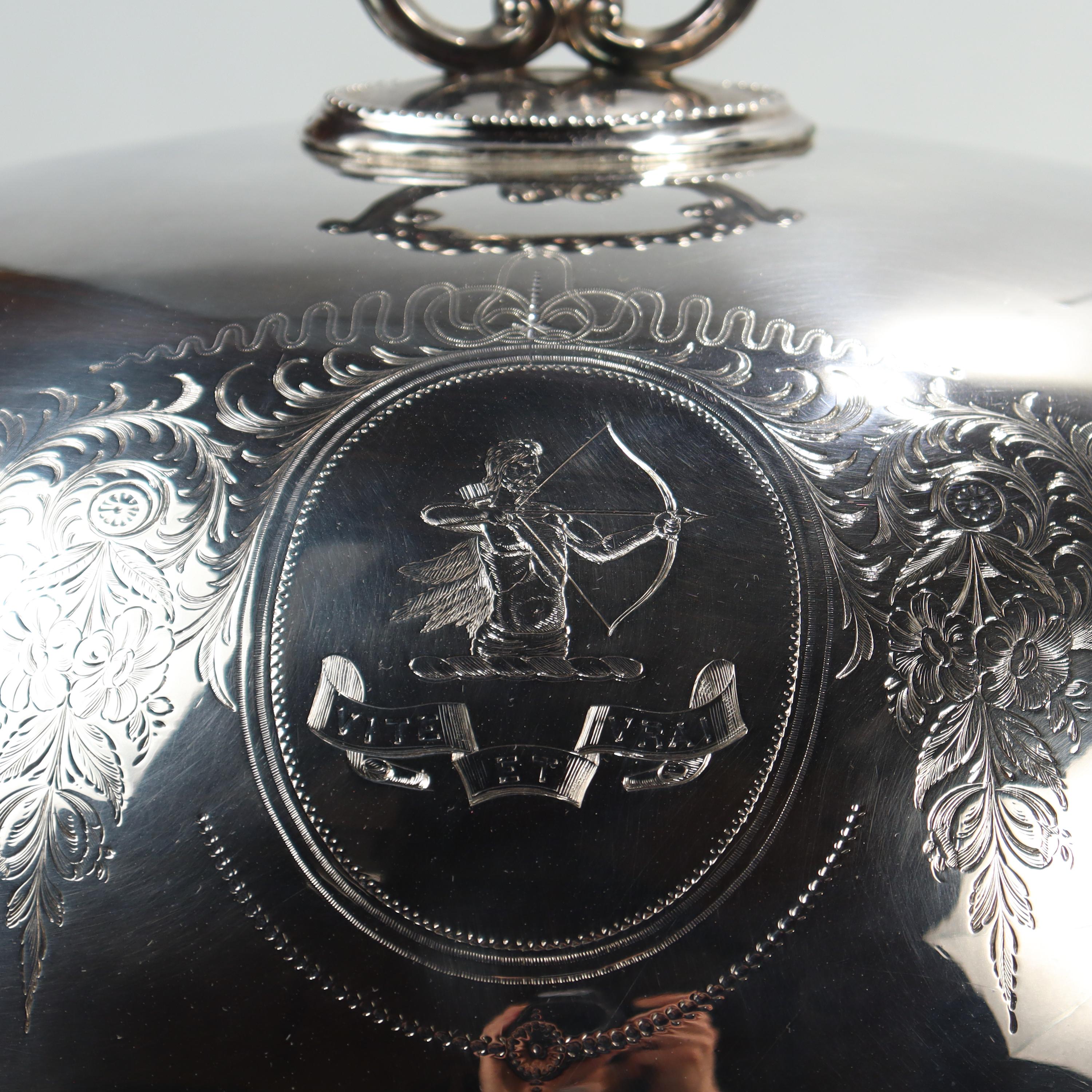 Women's or Men's Large Antique Elkington & Co. Armorial Silver Plated Meat Platter & Cover / Dome