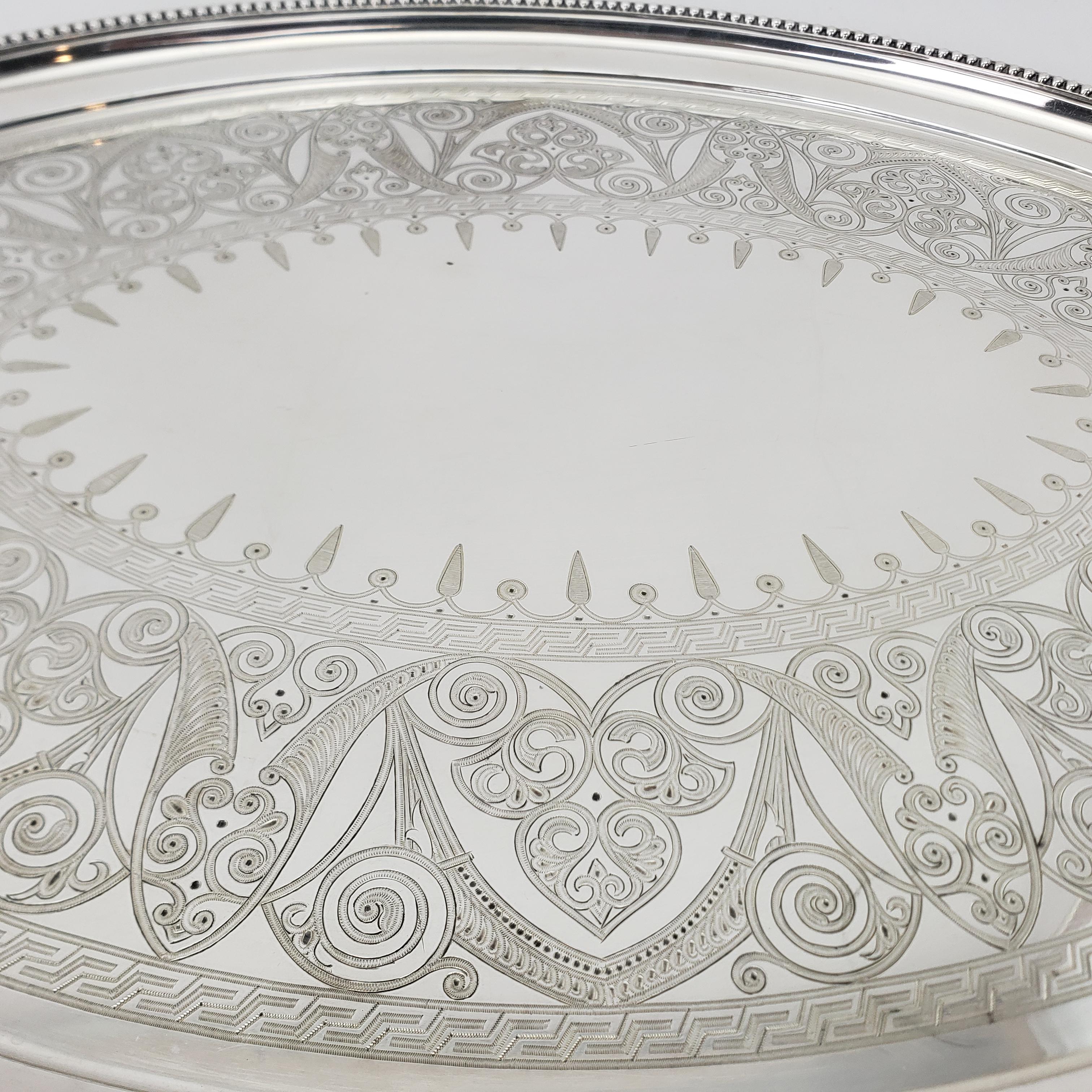 Large Antique Elkington Oval Silver Plated Serving Tray with Floral Engraving For Sale 4