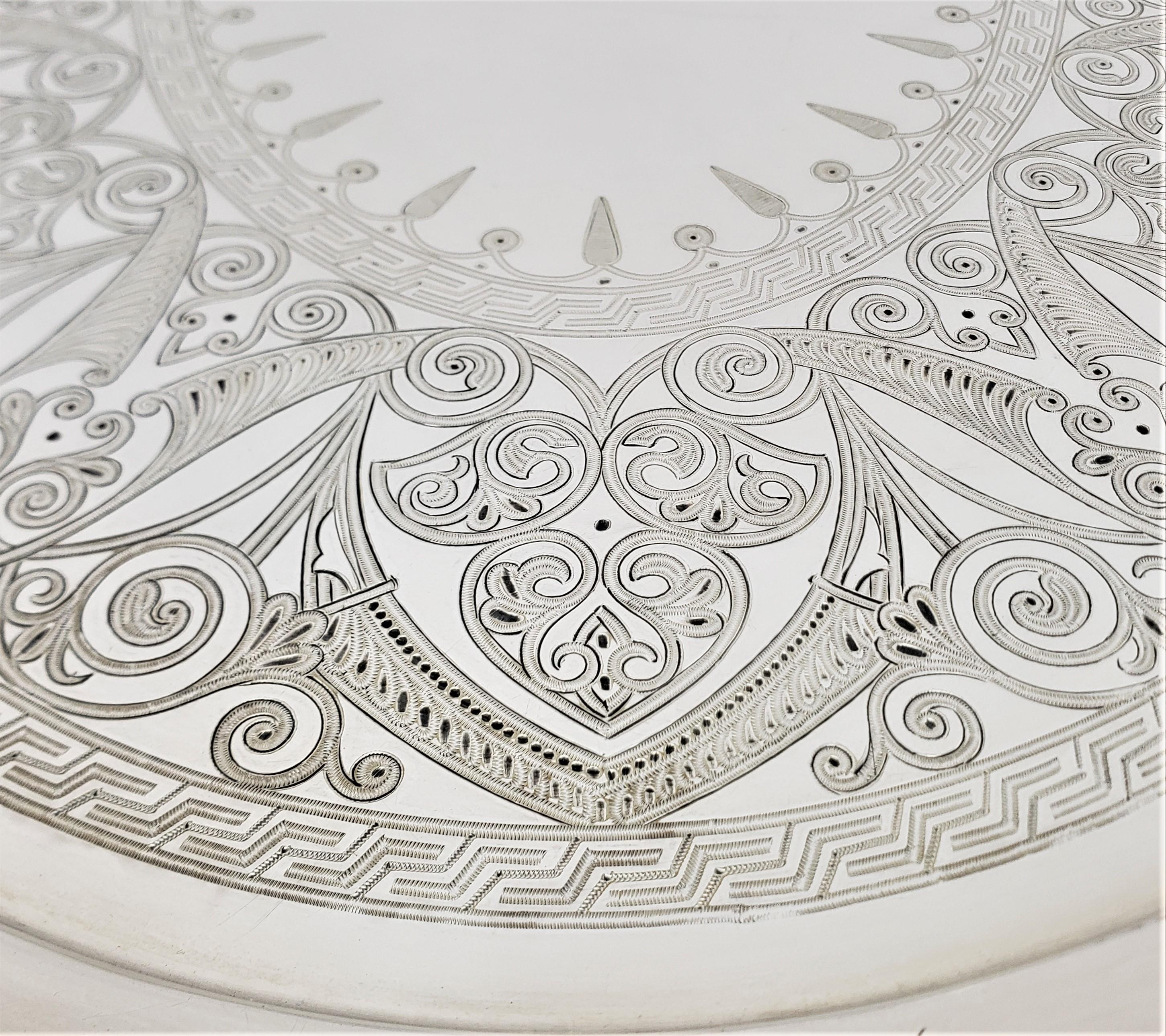 Large Antique Elkington Oval Silver Plated Serving Tray with Floral Engraving For Sale 5