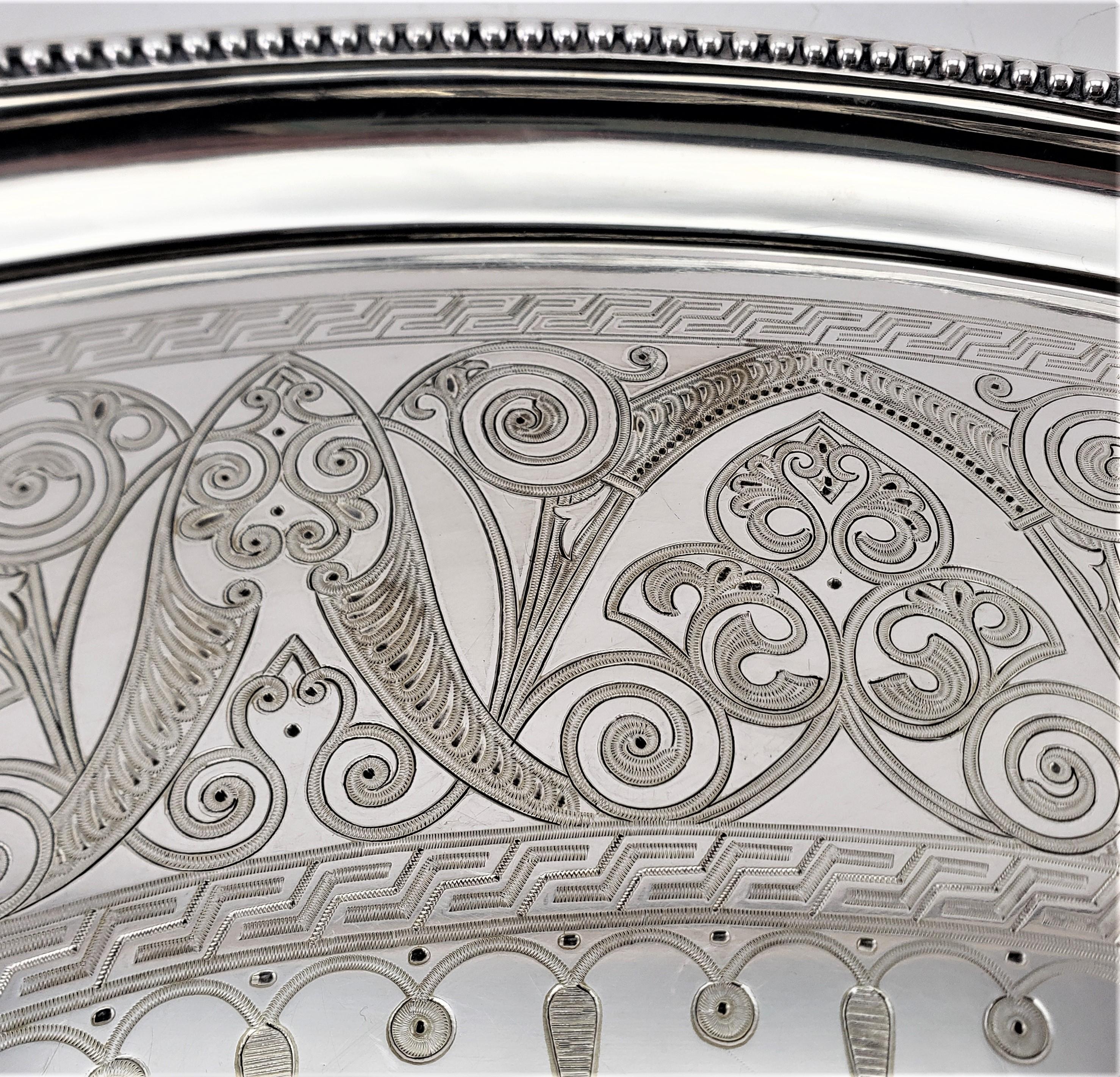 Large Antique Elkington Oval Silver Plated Serving Tray with Floral Engraving For Sale 6