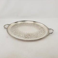Large Antique Elkington Oval Silver Plated Serving Tray with Floral Engraving