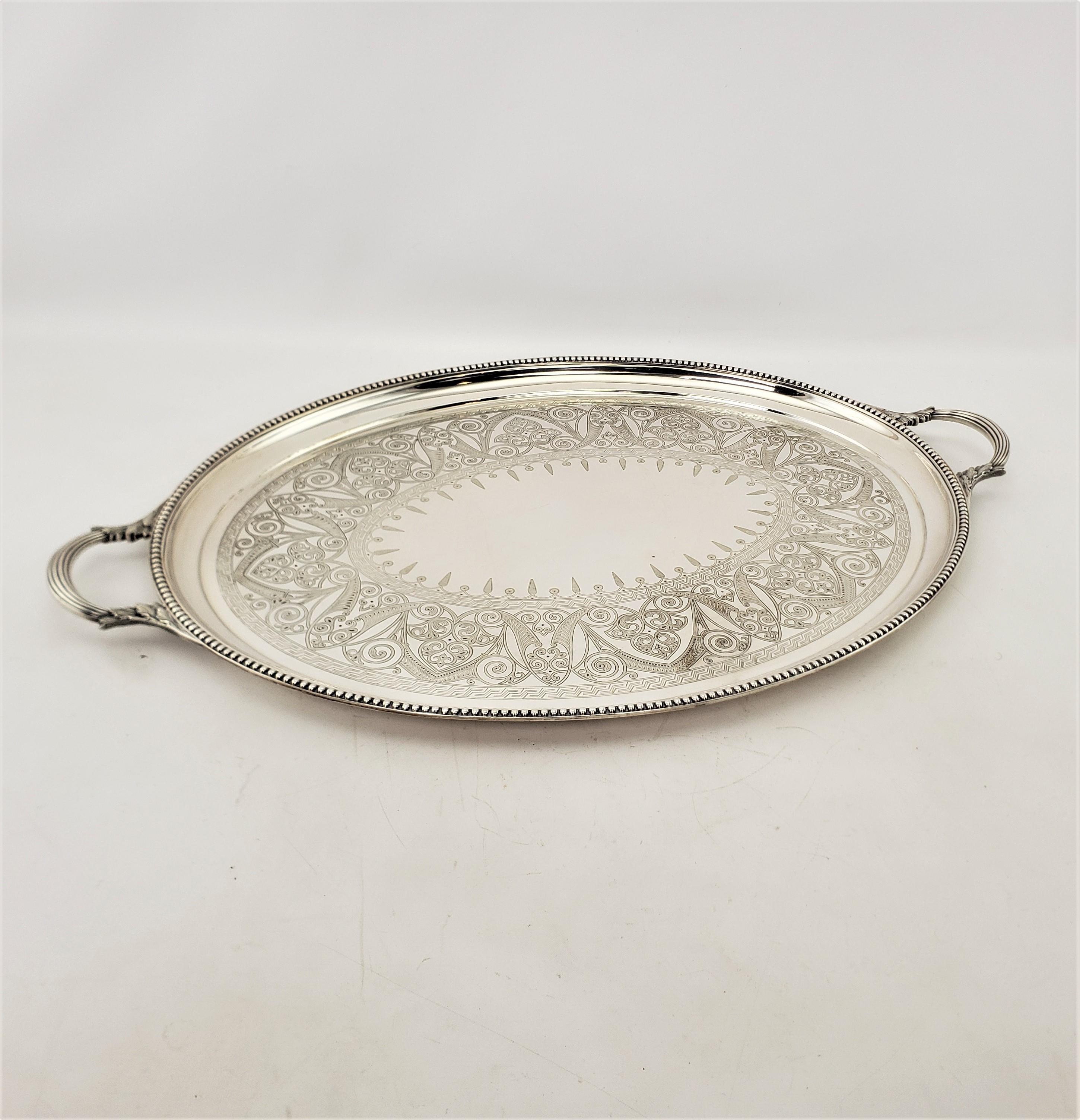 Edwardian Large Antique Elkington Oval Silver Plated Serving Tray with Floral Engraving For Sale