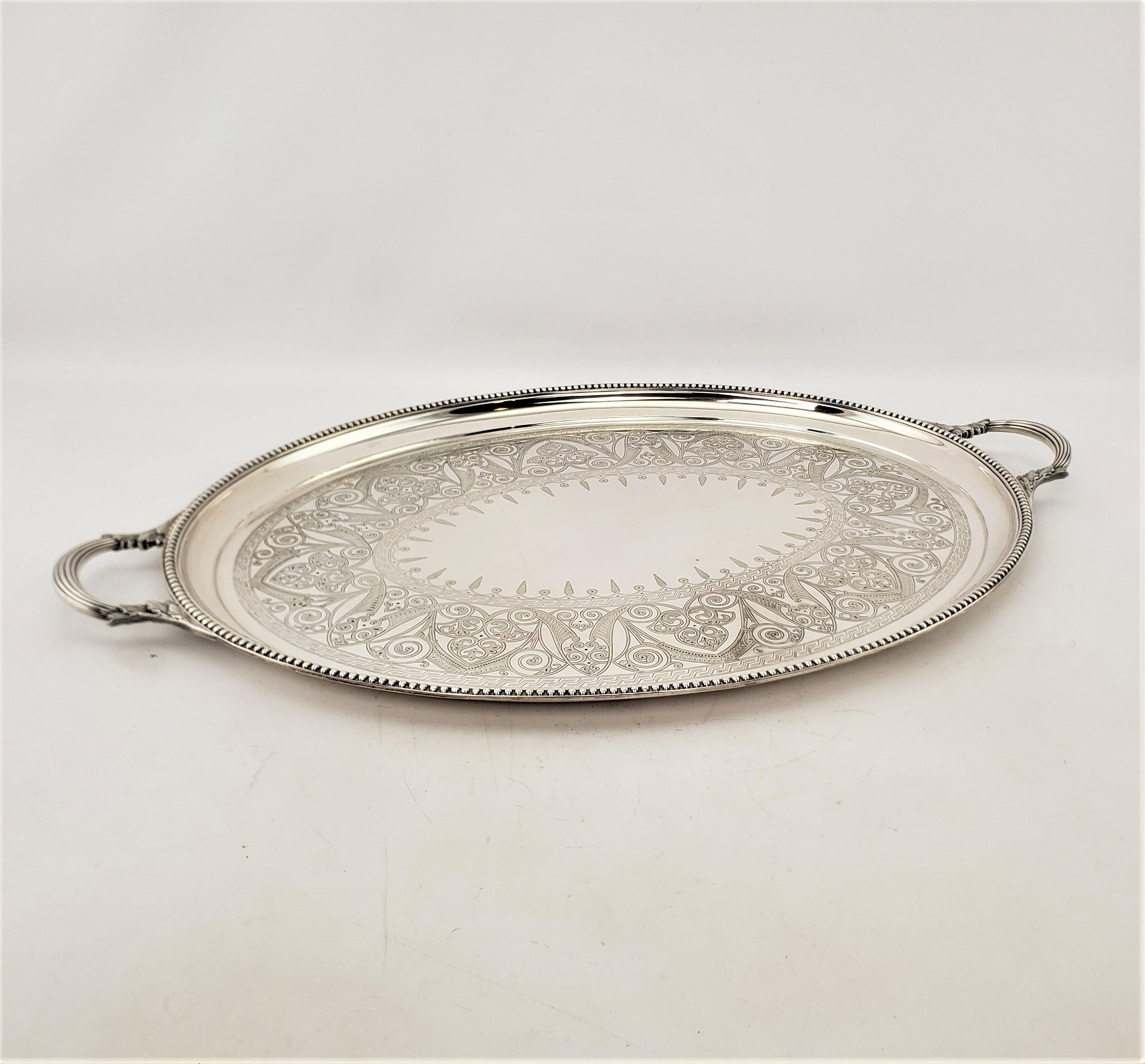 English Large Antique Elkington Oval Silver Plated Serving Tray with Floral Engraving For Sale