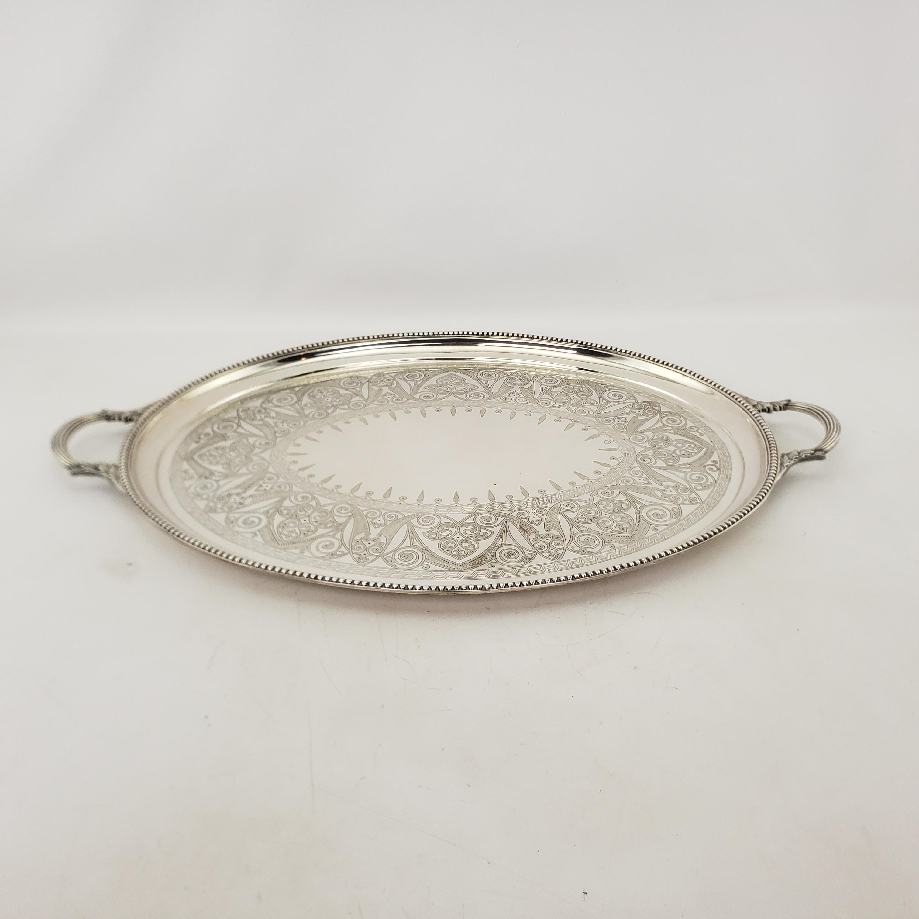 Large Antique Elkington Oval Silver Plated Serving Tray with Floral Engraving In Good Condition For Sale In Hamilton, Ontario