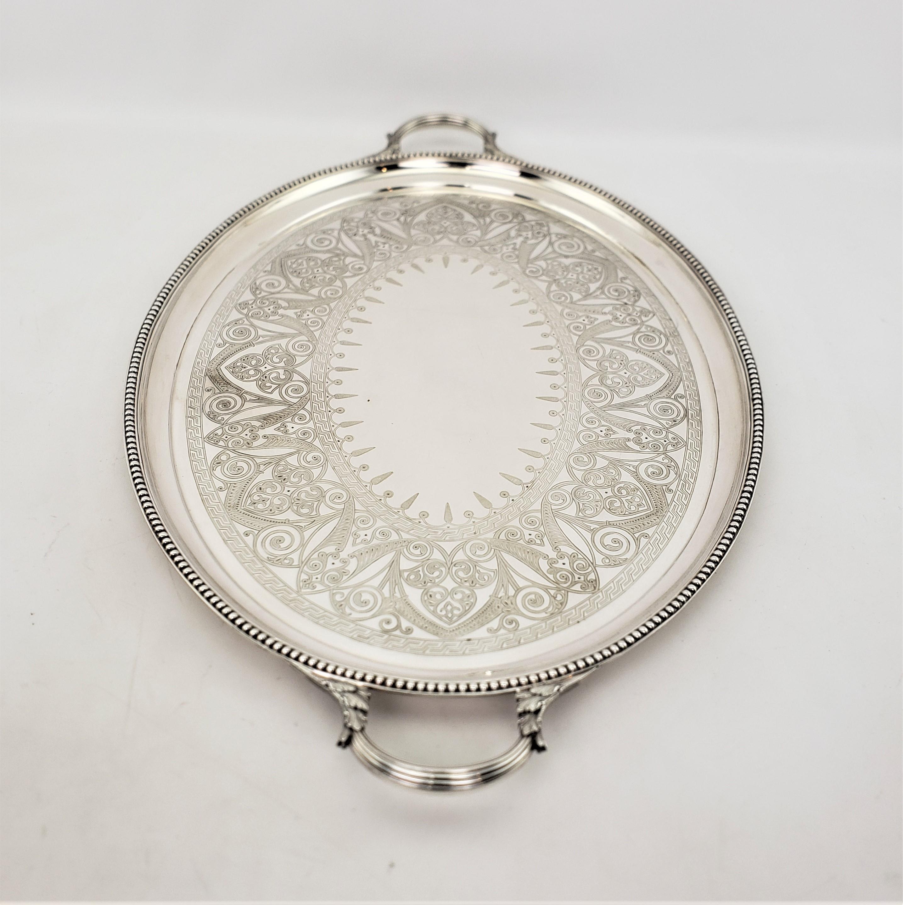 20th Century Large Antique Elkington Oval Silver Plated Serving Tray with Floral Engraving For Sale