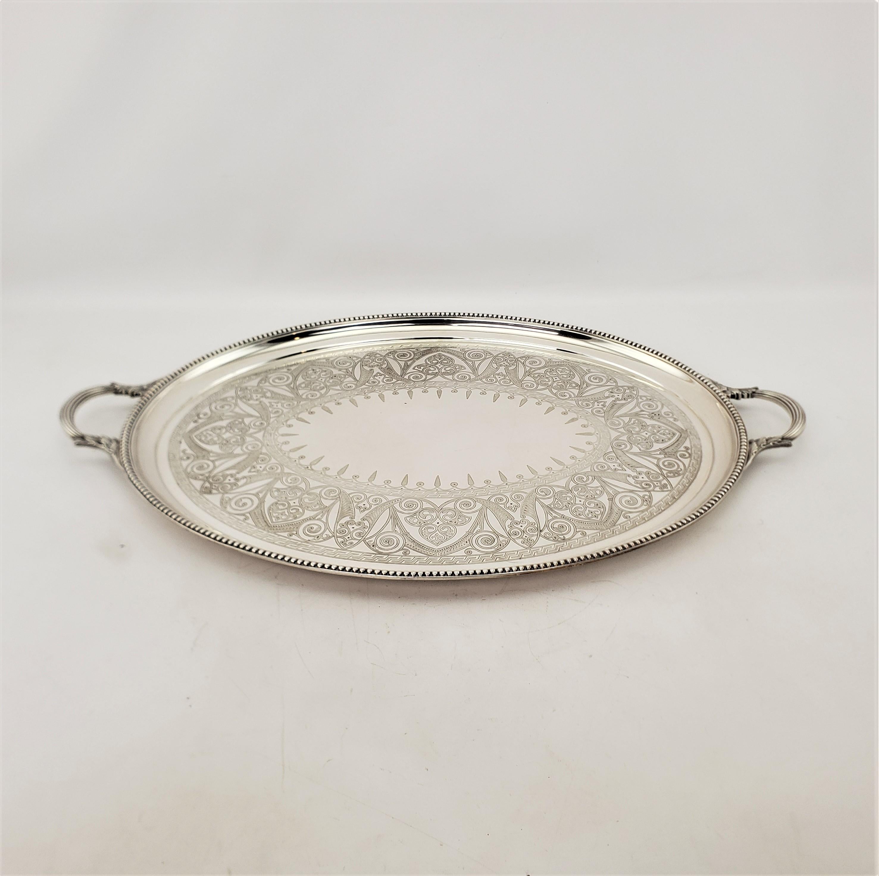 Large Antique Elkington Oval Silver Plated Serving Tray with Floral Engraving For Sale 1